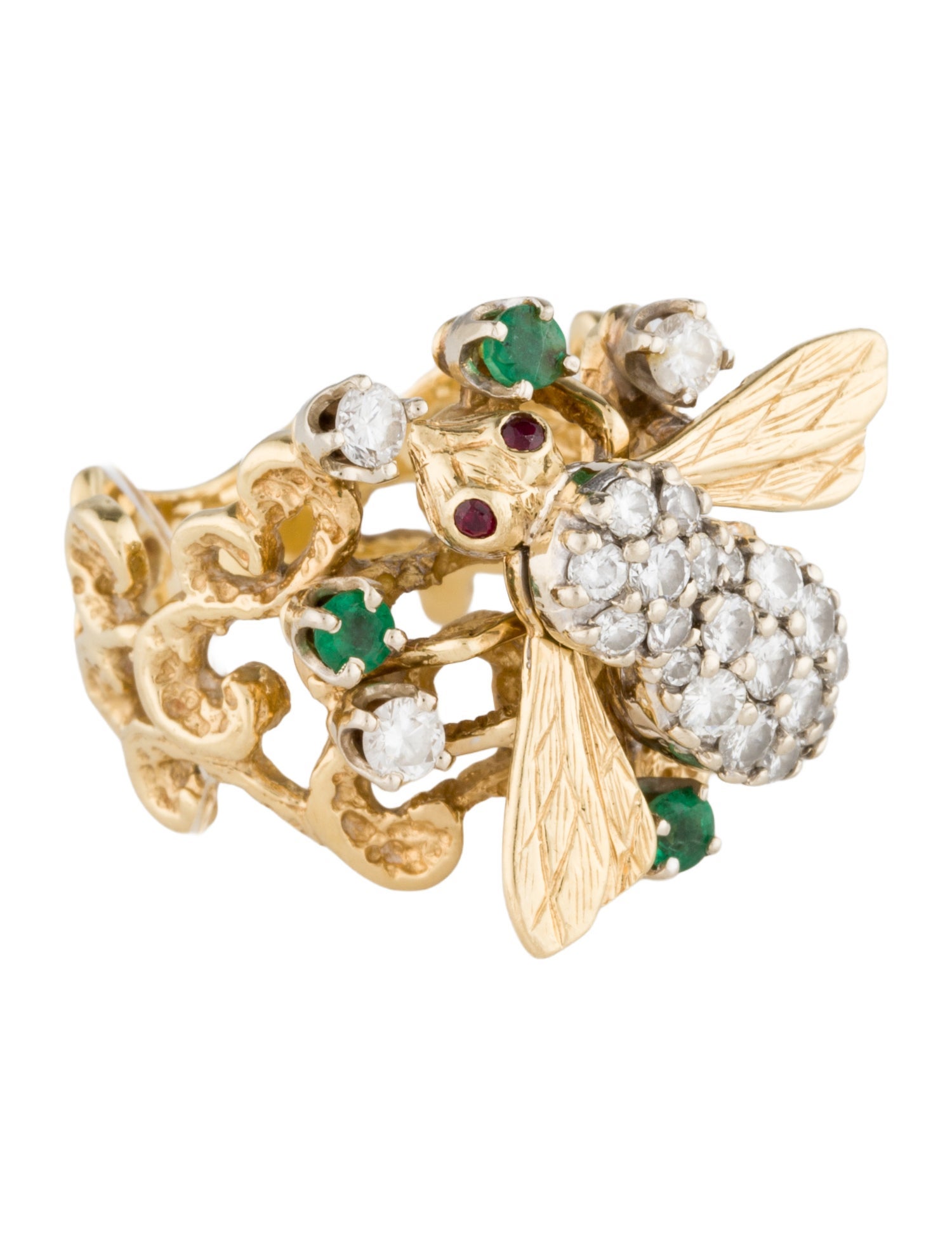 Ring 18K Diamond Emerald and Ruby Bee Cocktail
