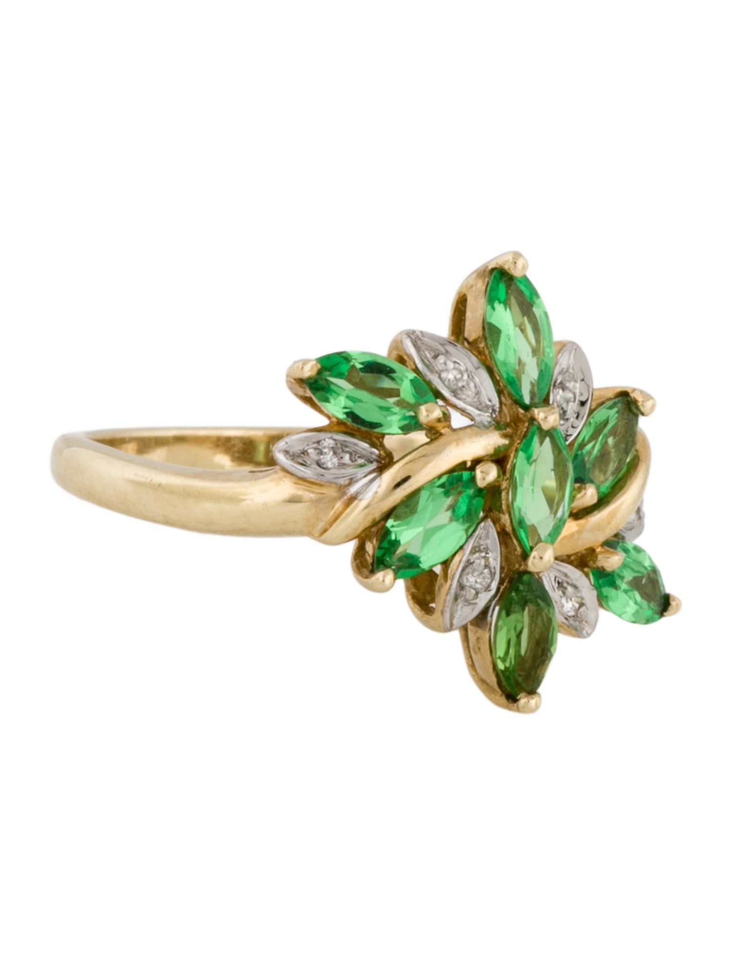Ring 14K Tsavorite Garnet & Diamond Flower Burst Cocktail