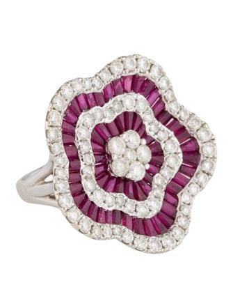 Ring 18K 3.80ctw Ruby & Diamond Flower Cocktail Ring