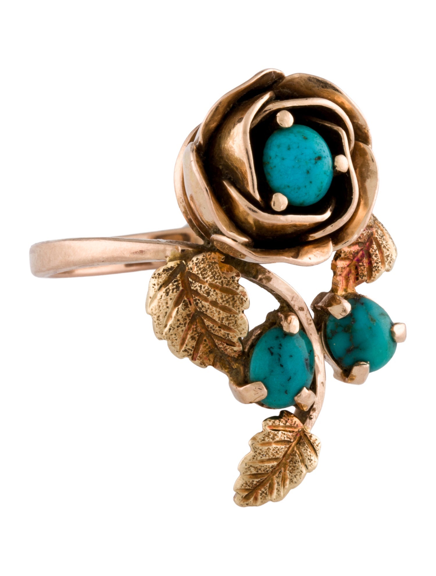 Ring Vintage 14K Turquoise Floral Cocktail