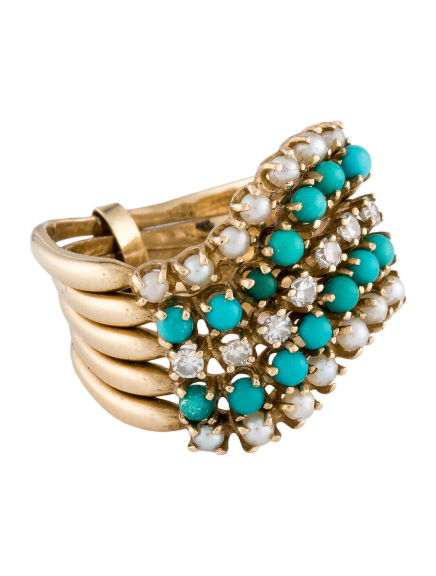 Ring 14K Pearl,Turquoise & Diamond Hinged 5-Wave Row Cocktail