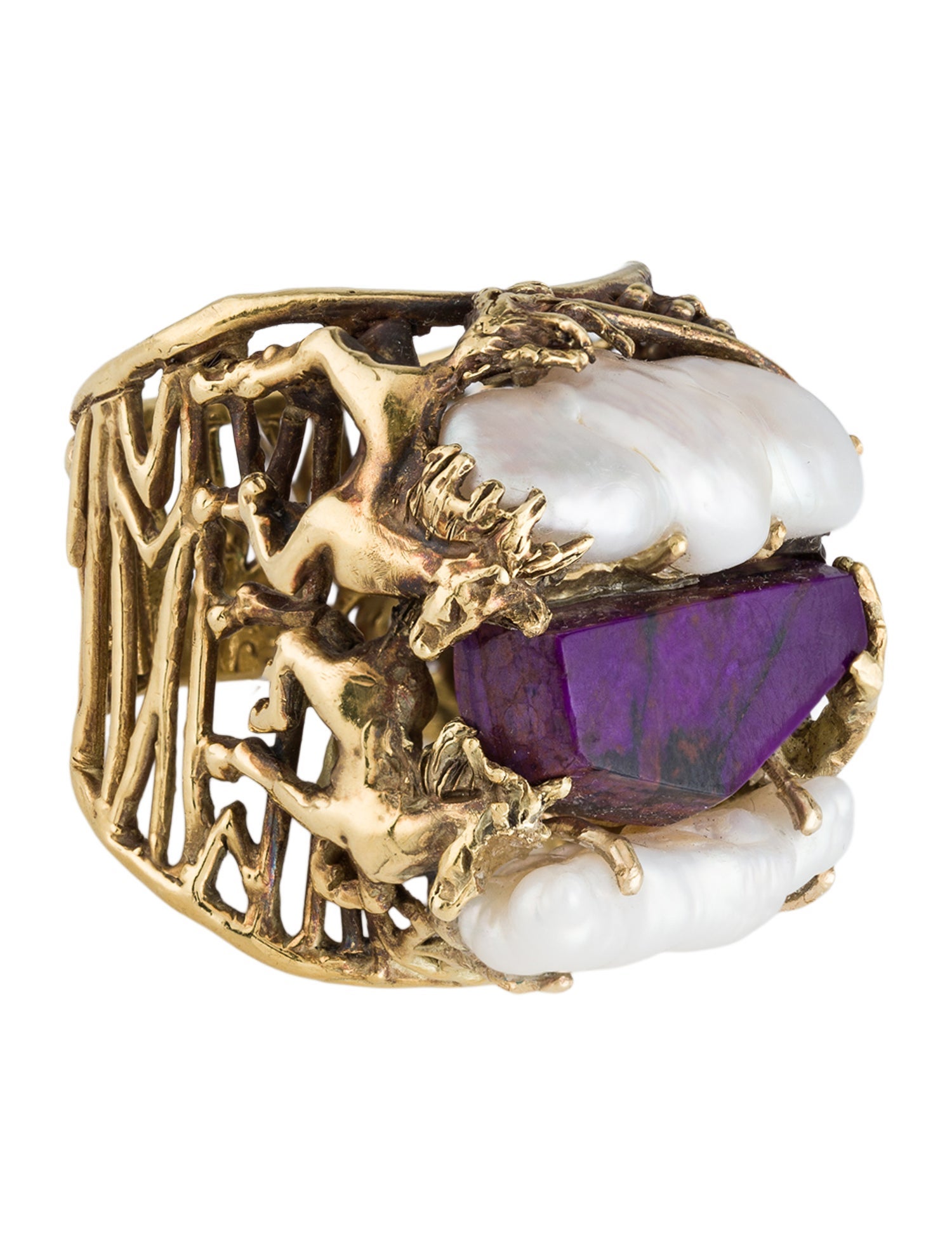 Ring Vintage 18K Pearl, Sugilite, & Emerald Cocktail