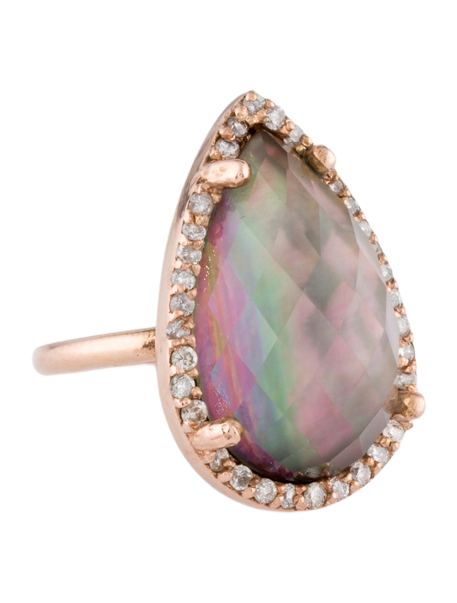 Ring 14K Mother of Pearl, Quartz & Diamond Cocktail