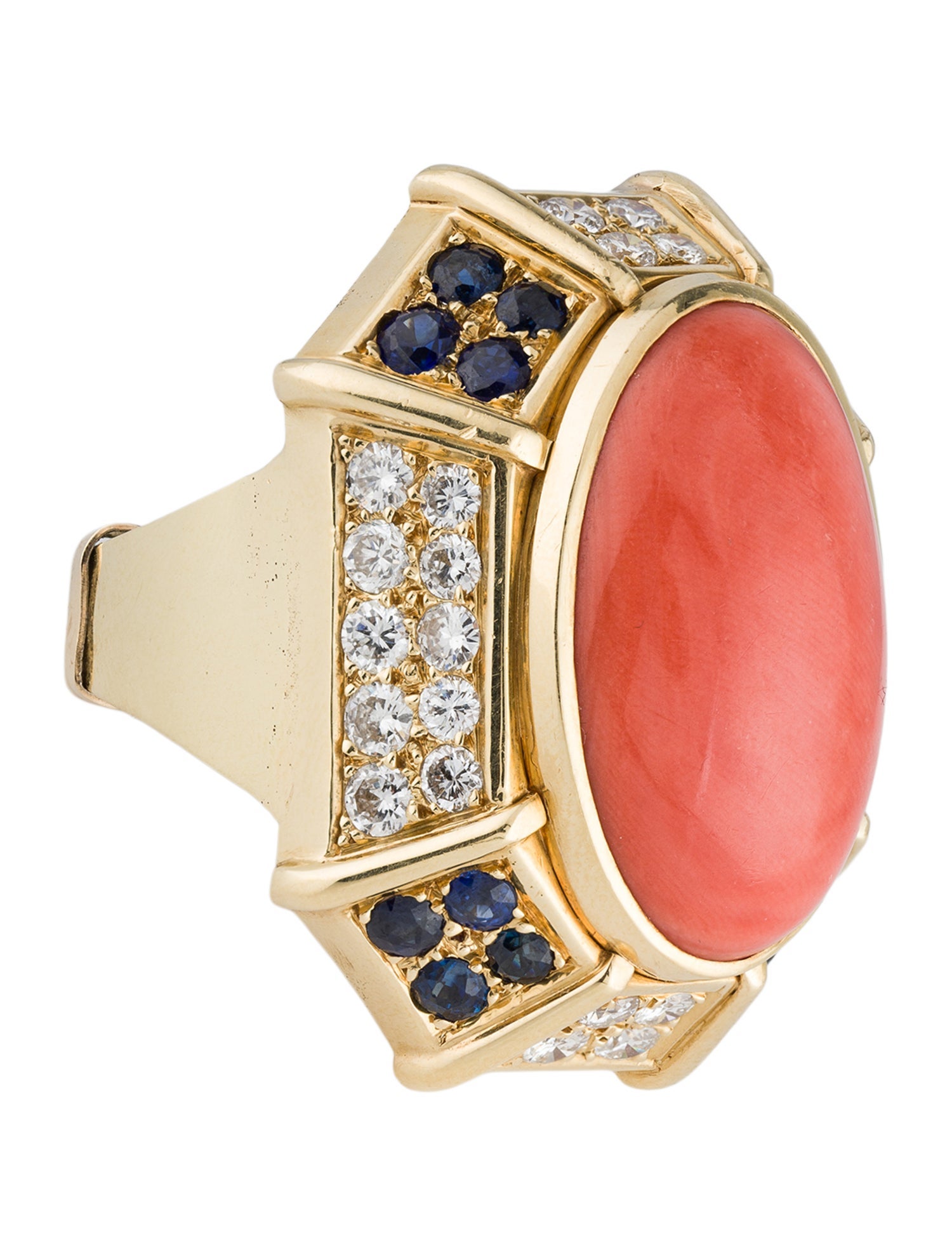 Ring 18K Coral, Sapphire & Diamond Cocktail Ring