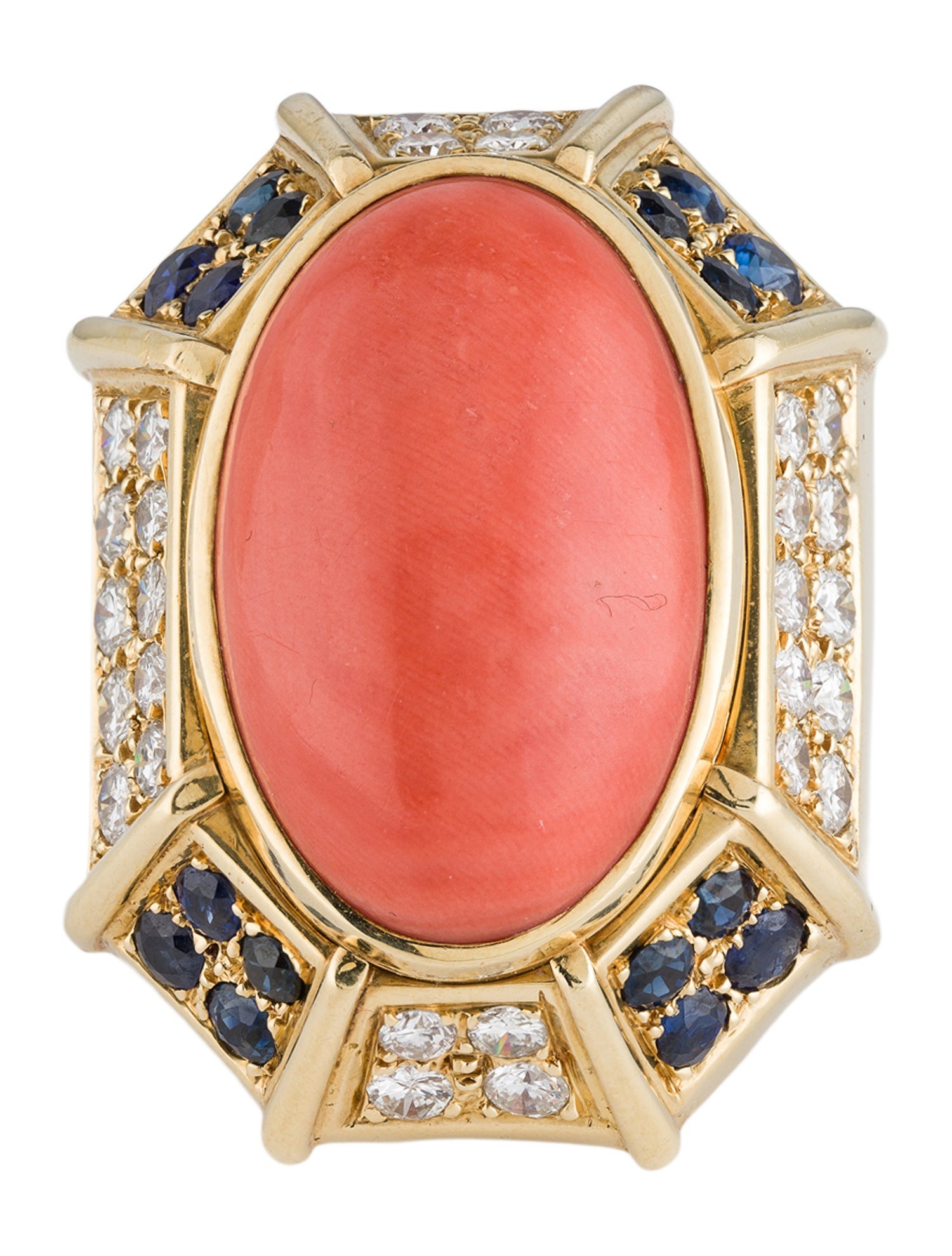 Ring 18K Coral, Sapphire & Diamond Cocktail Ring