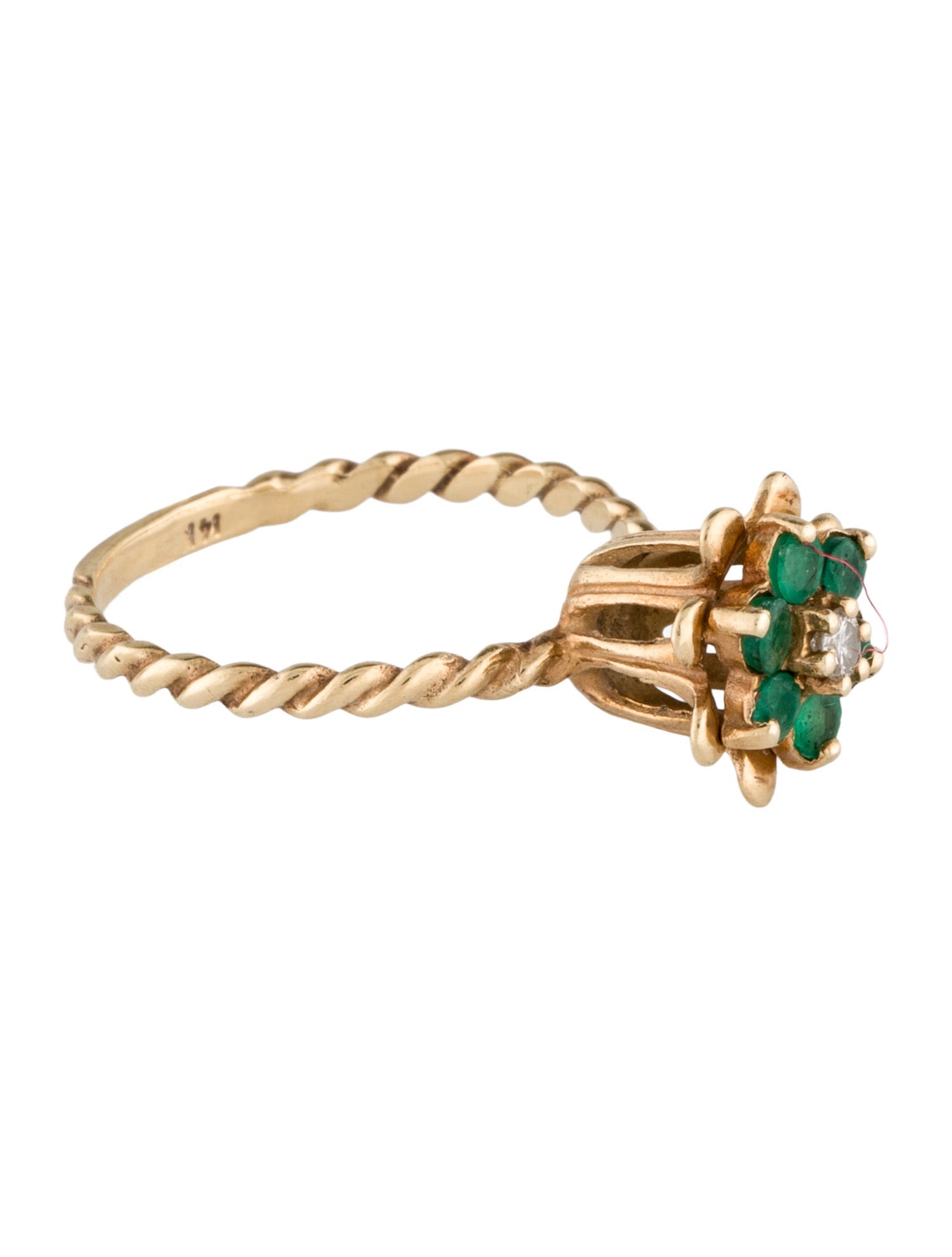 Ring 14K Emerald & Diamond Floral Cocktail