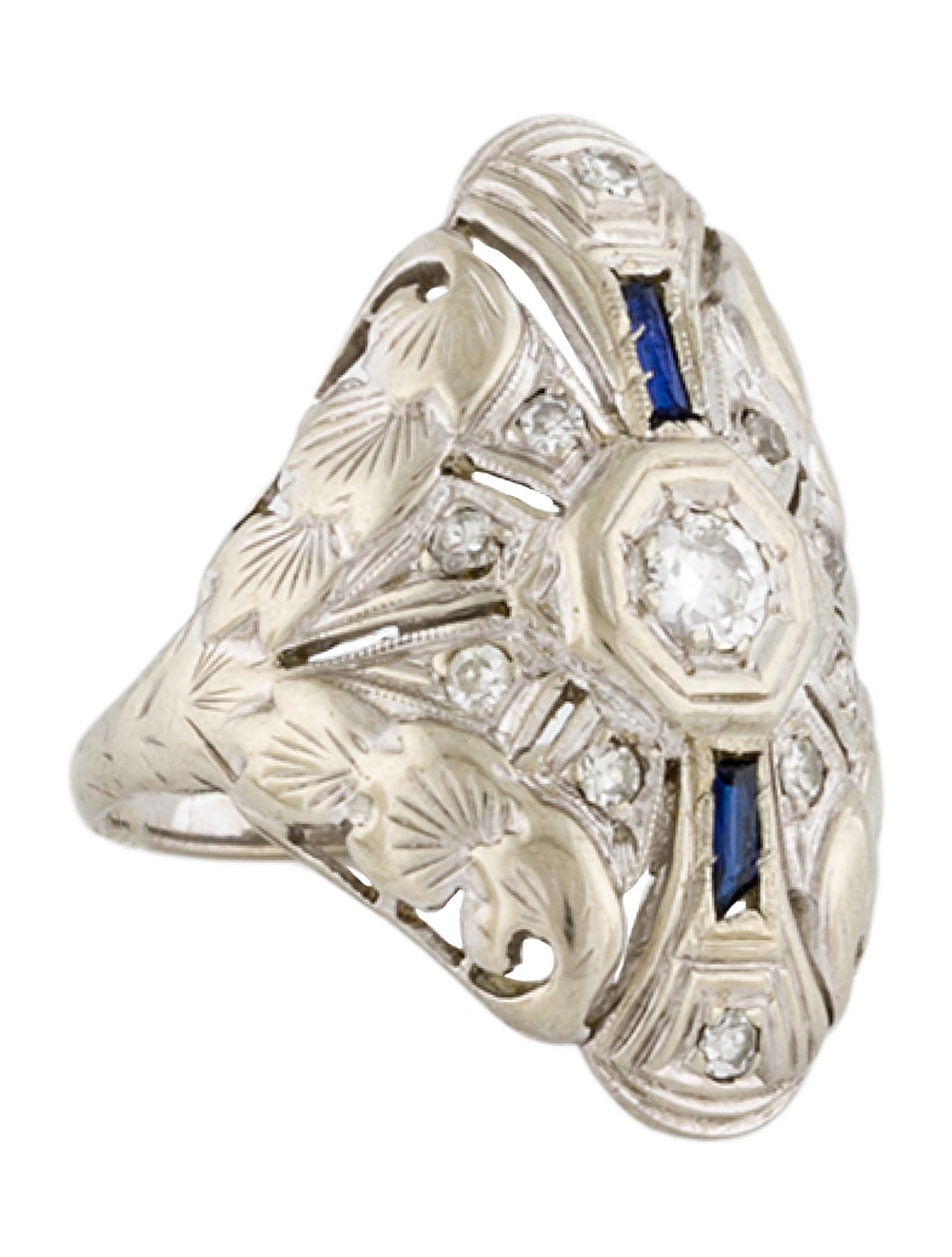 Ring 14K Synthetic Sapphire & Diamond Art Deco Engraved