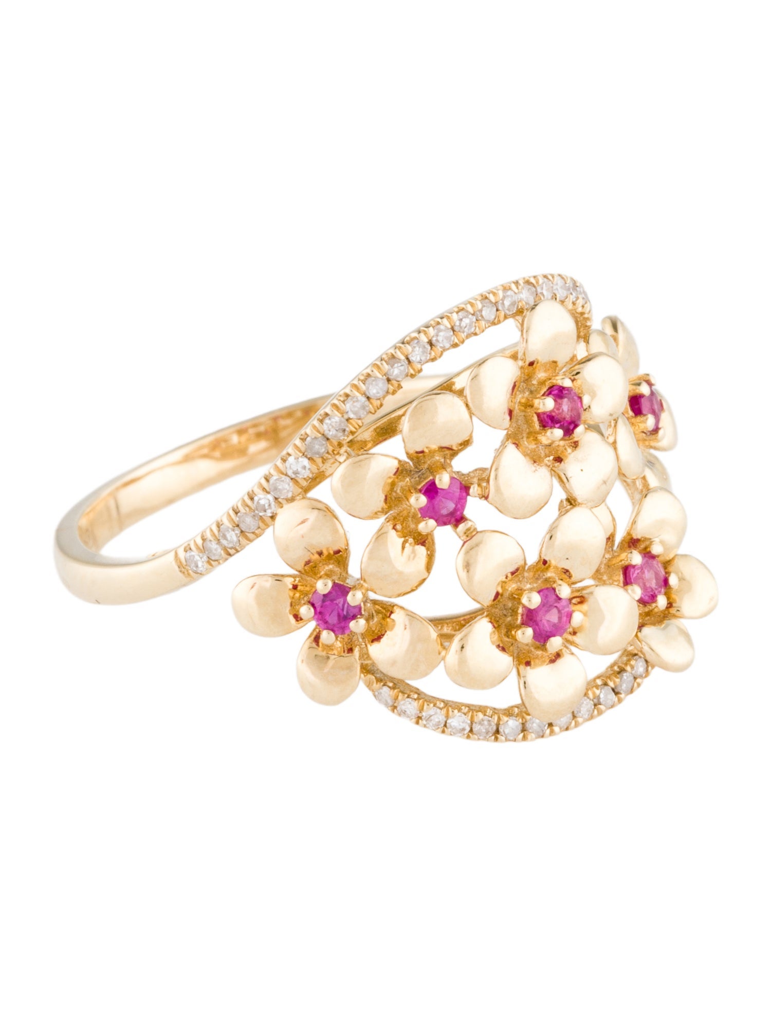 Ring 14K Ruby & Diamond Floral Cocktail Ring