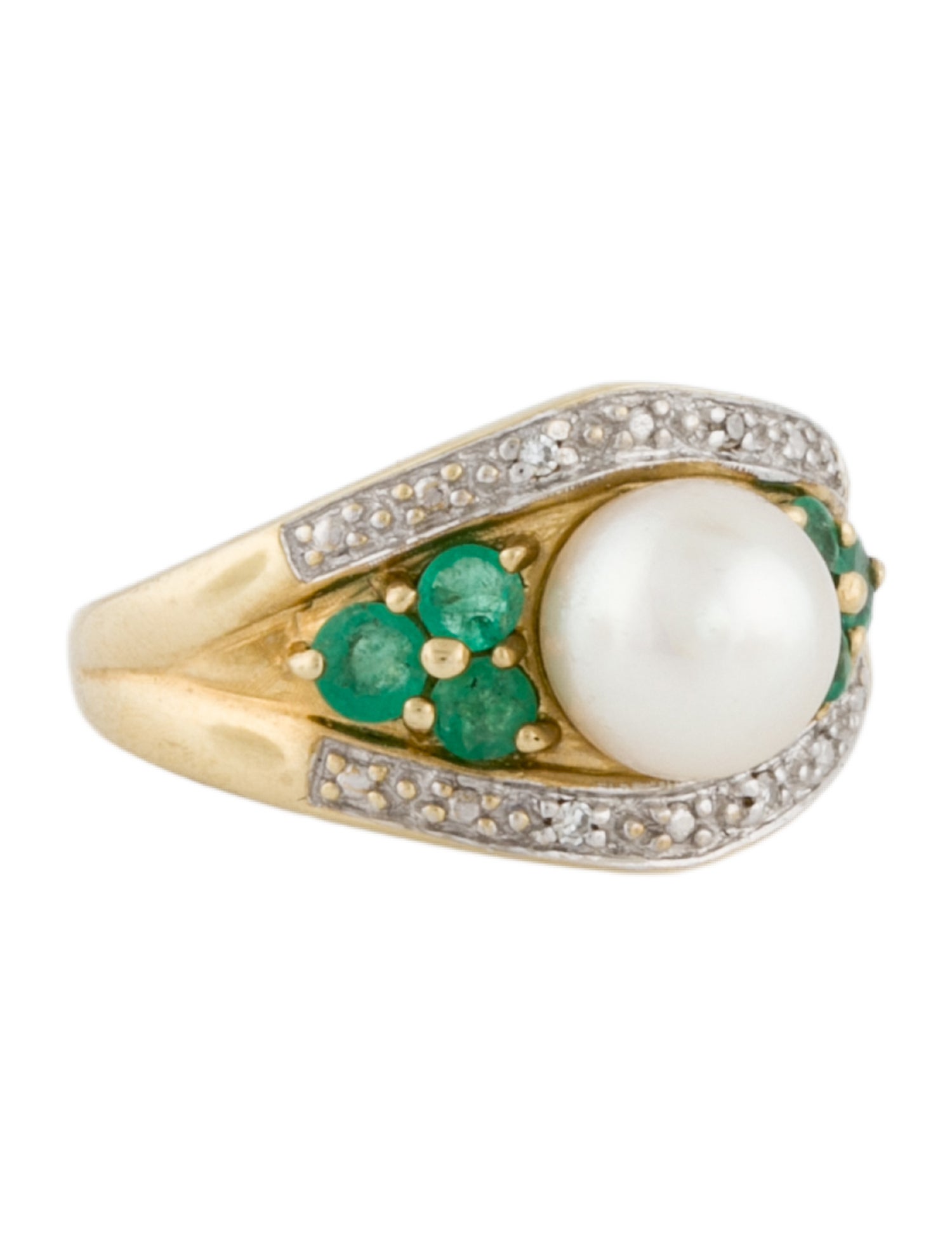 Ring 10K Emerald, Diamond & Pearl Cocktail Ring