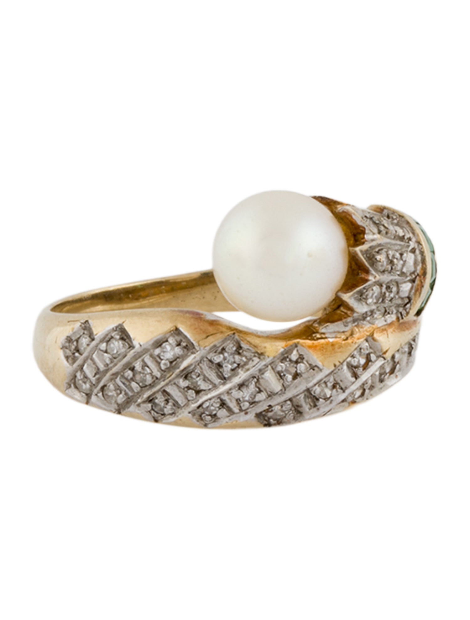 Ring 14K Pearl, Emerald & Diamond Cocktail