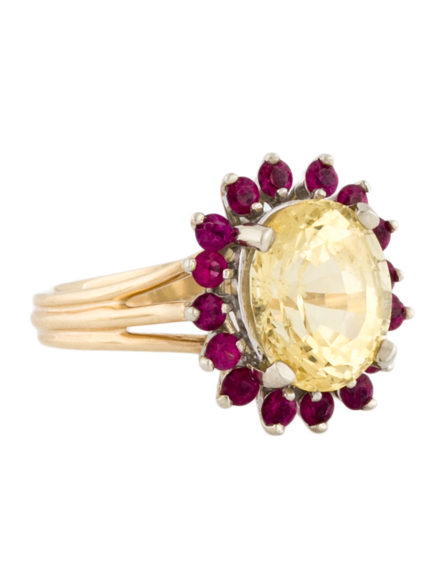 Ring 14K 7.10ct Yellow Sapphire & Ruby Starburst Cocktail