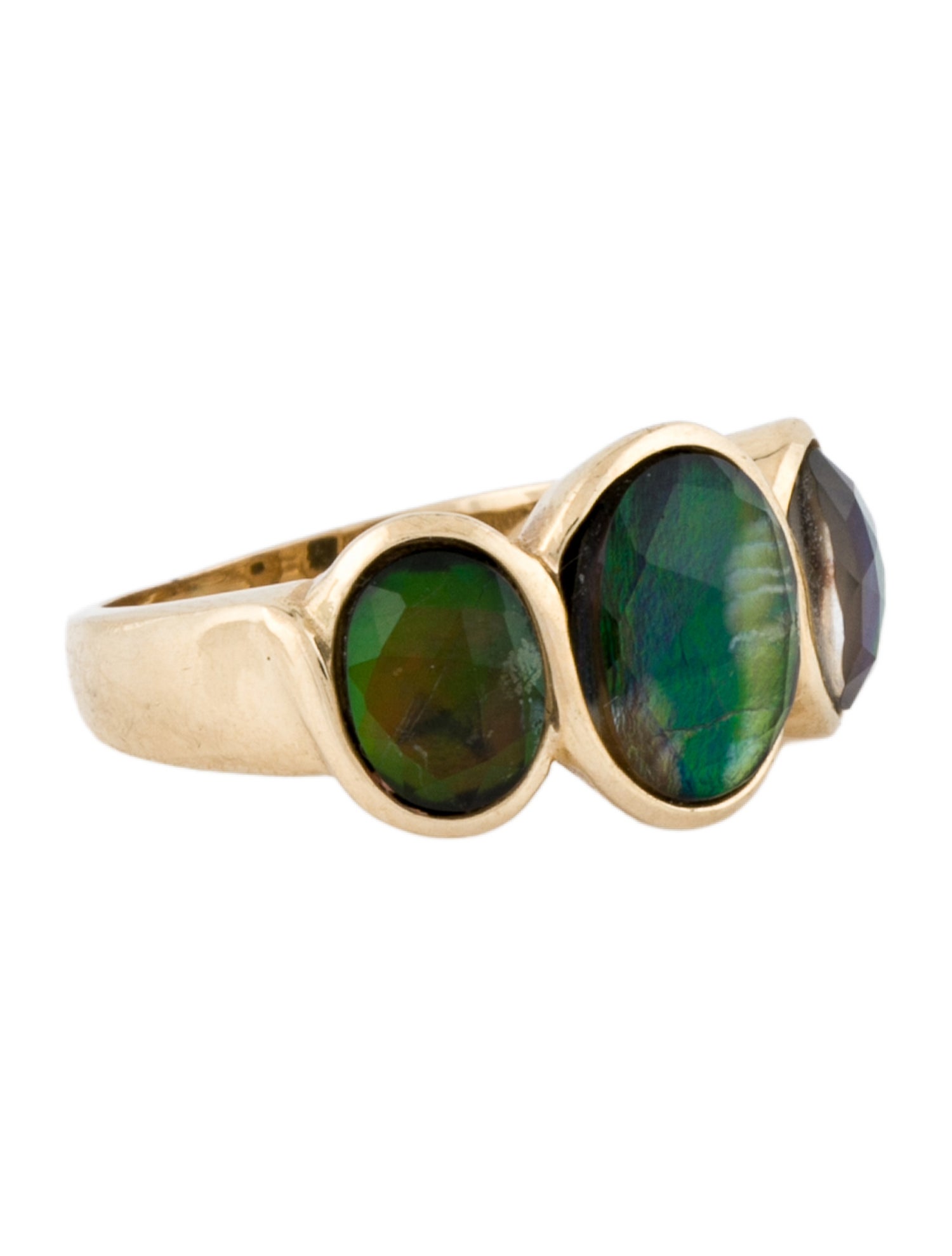 Ring 14K Quartz & Ammolite Doublet Three Stone