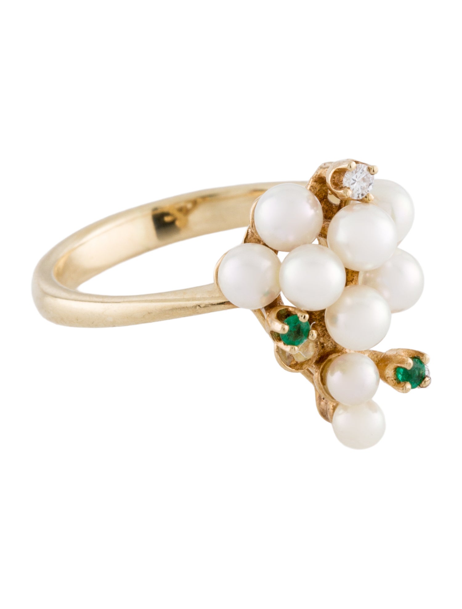 Ring 14K Pearl, Emerald & Diamond Cocktail