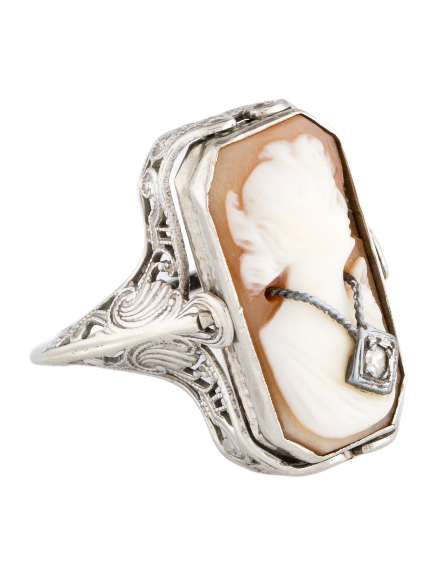 Ring Vintage 14K Shell, Diamond & Onyx Reversible Cocktail