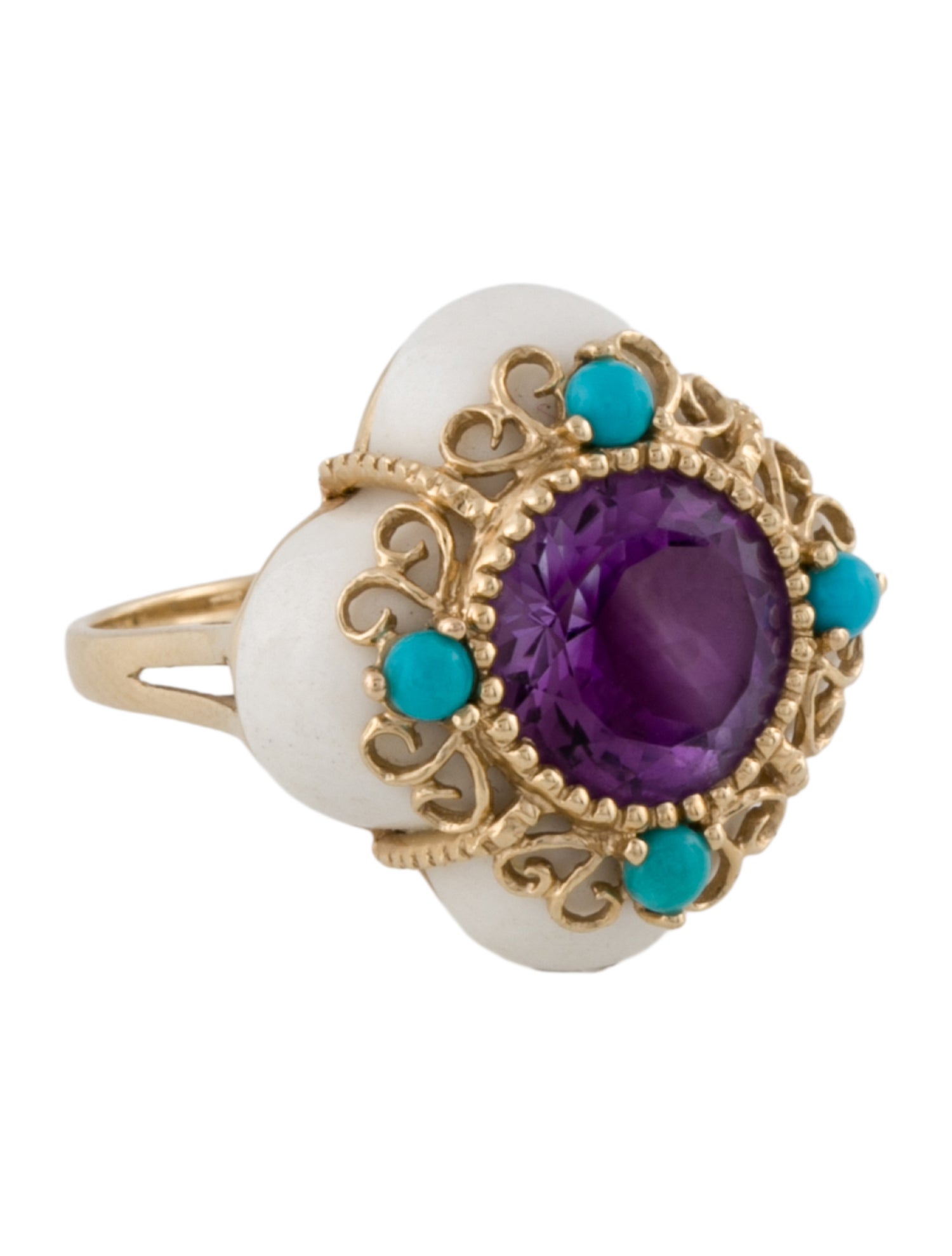Ring 14K Amethyst, Chalcedony, & Turquoise Cocktail