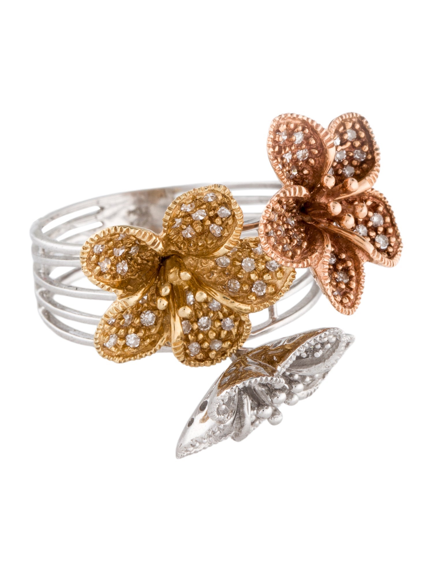 Ring Tri-Tone Diamond Flower Cocktail Ring