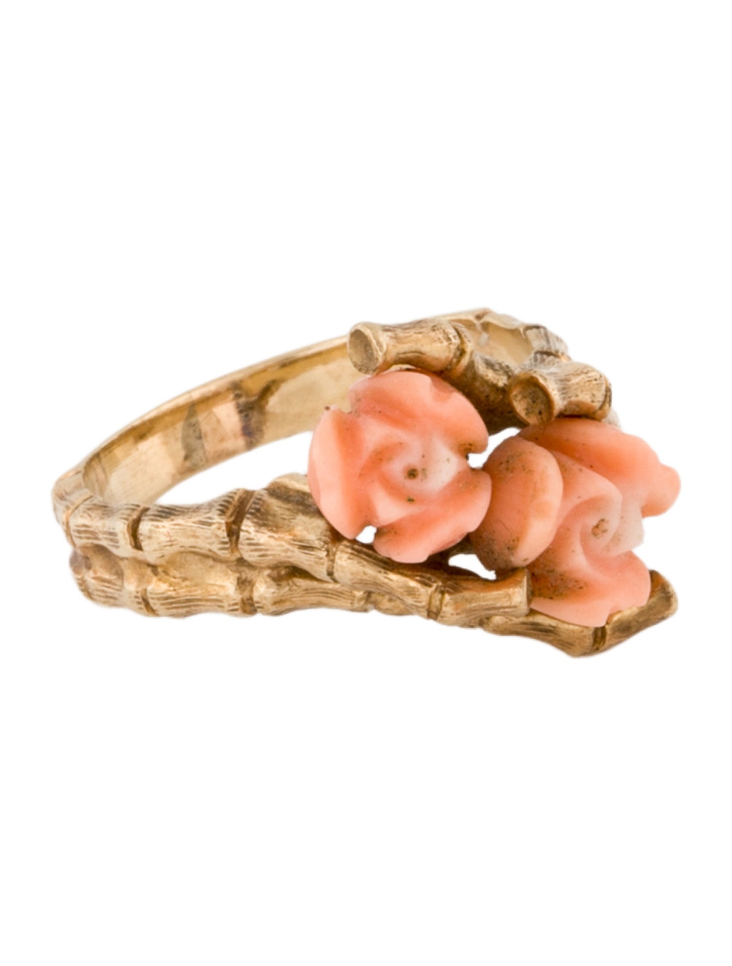 Ring 14K Coral Carved Bamboo Motif Cocktail