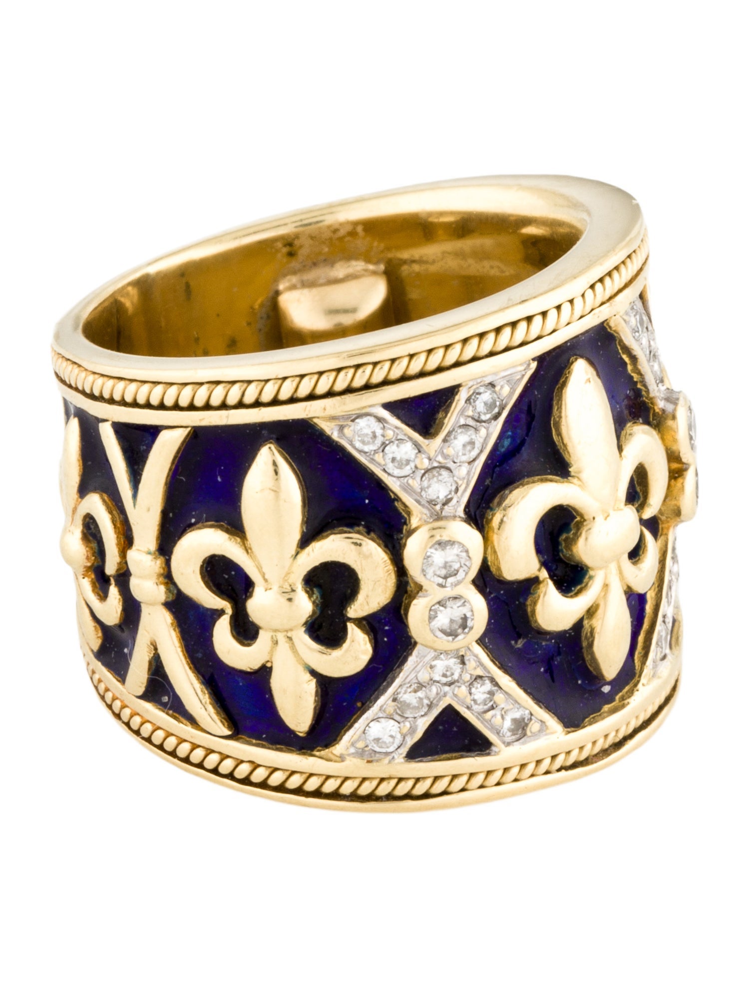 Ring 18K Diamond & Enamel Fleur de Lis Wide Band