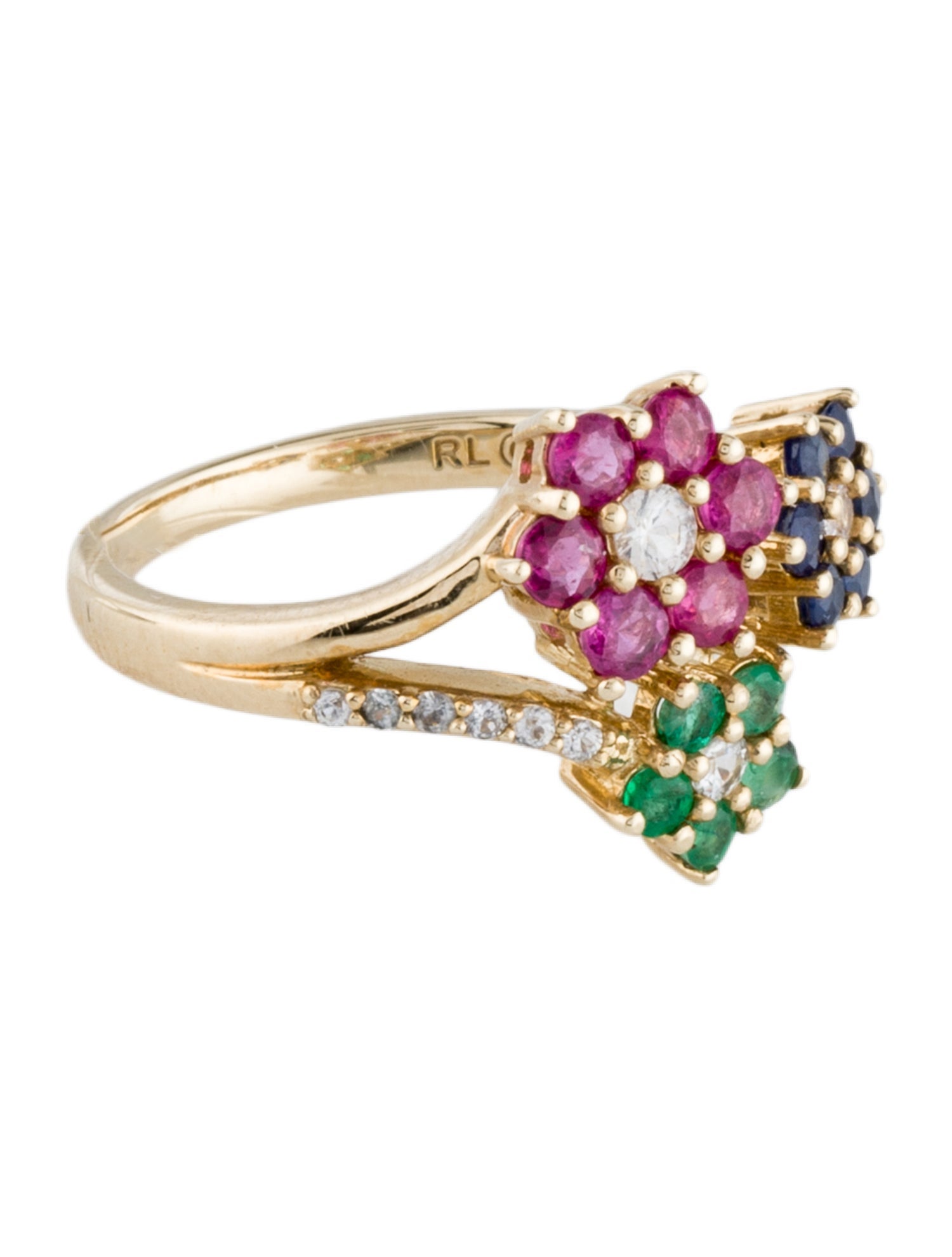 Ring 10K Emerald, Sapphire, Ruby & Diamond Flower Cocktail Ring