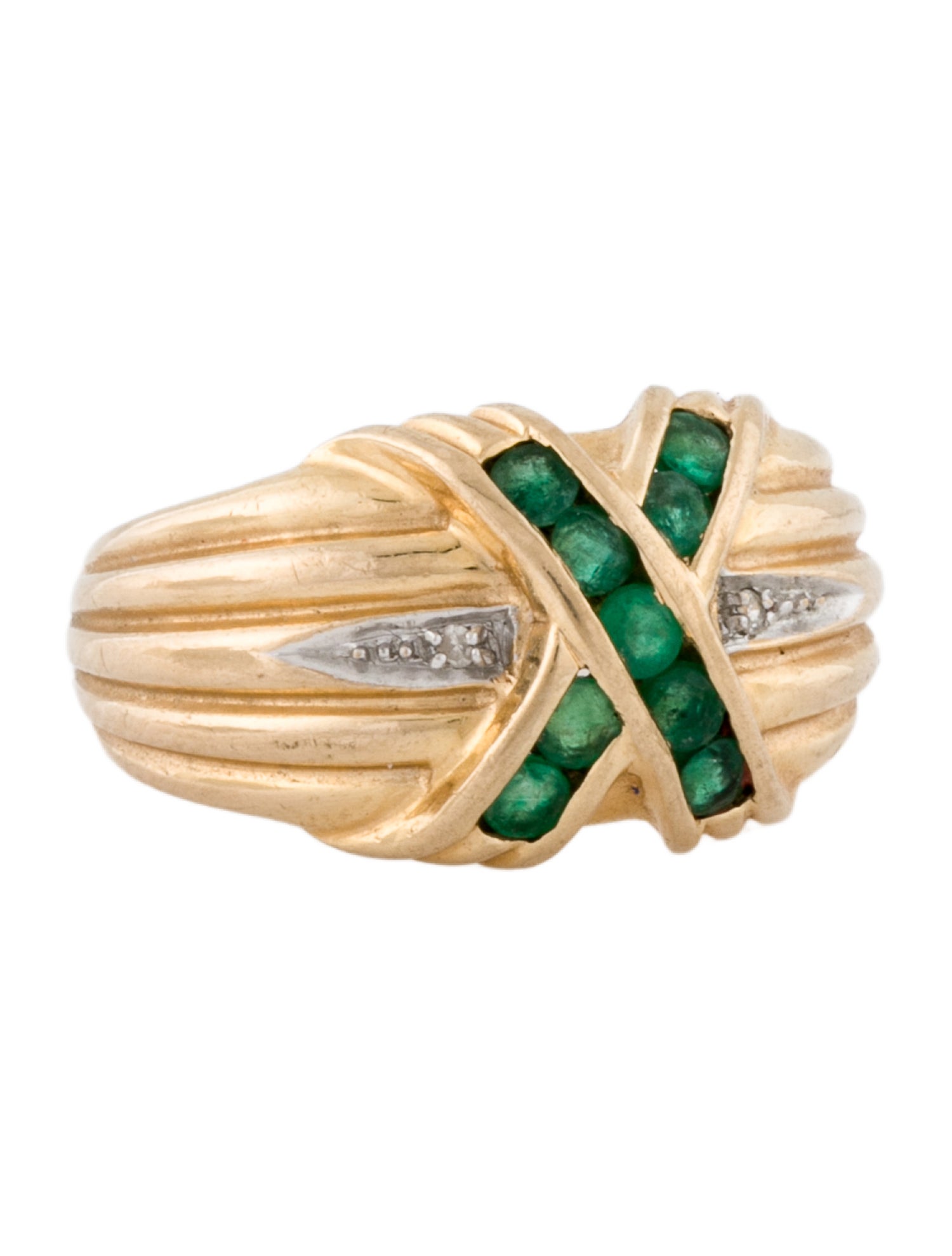 Ring 14K Emerald & Diamond 'X' Cocktail