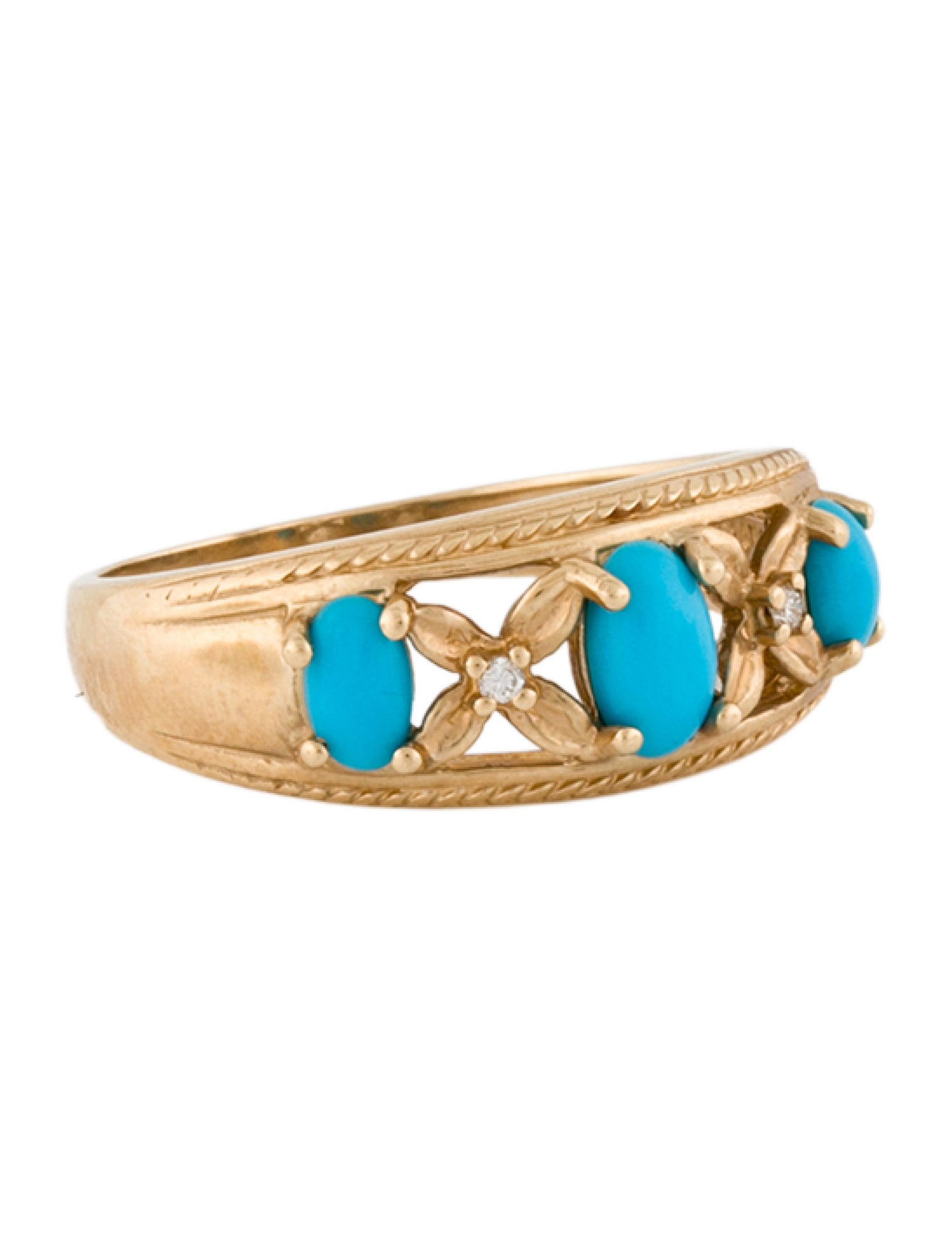 Ring 14K Turquoise & Diamond Floral Band