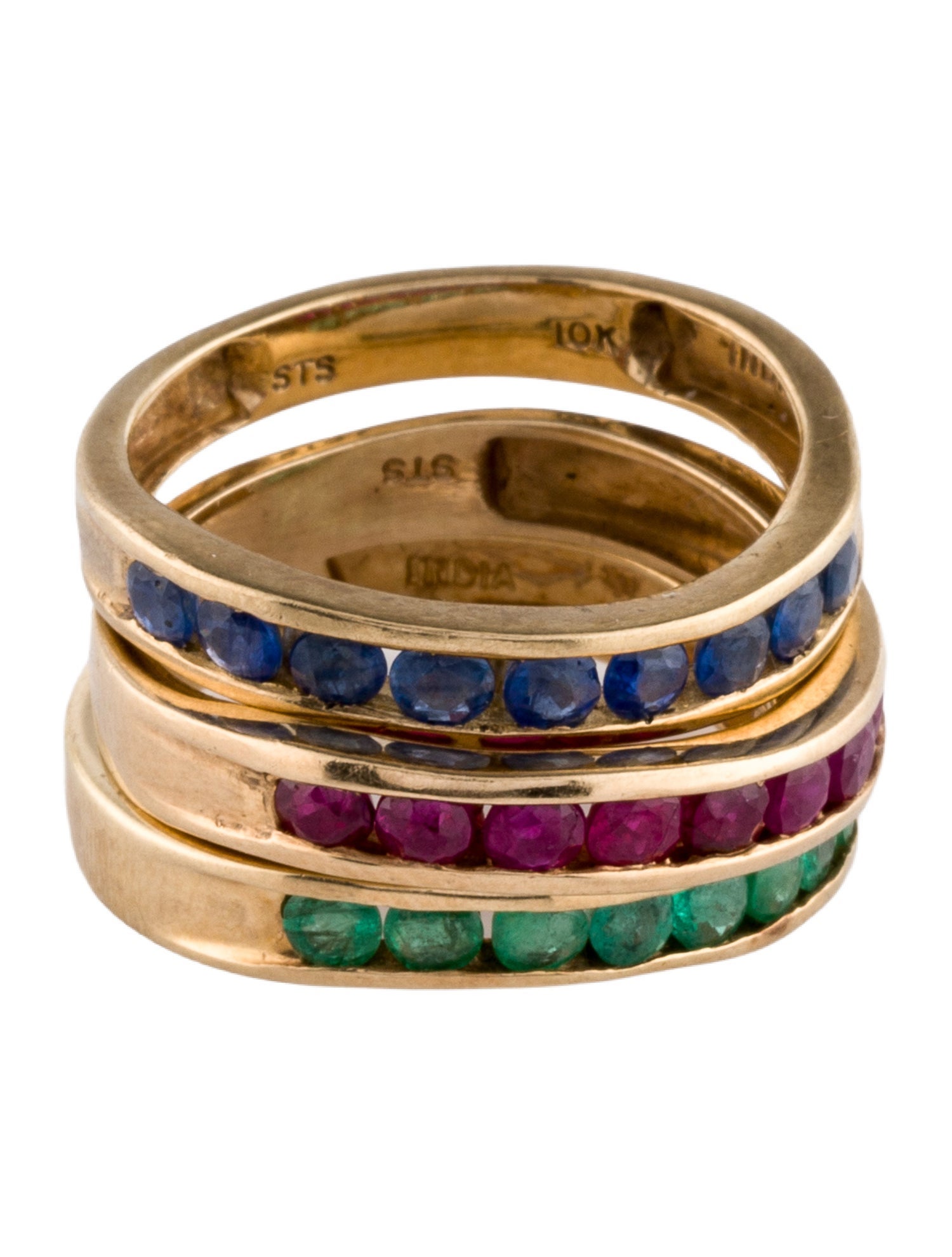 Ring 10K Ruby, Emerald & Sapphire Stacking Band Set