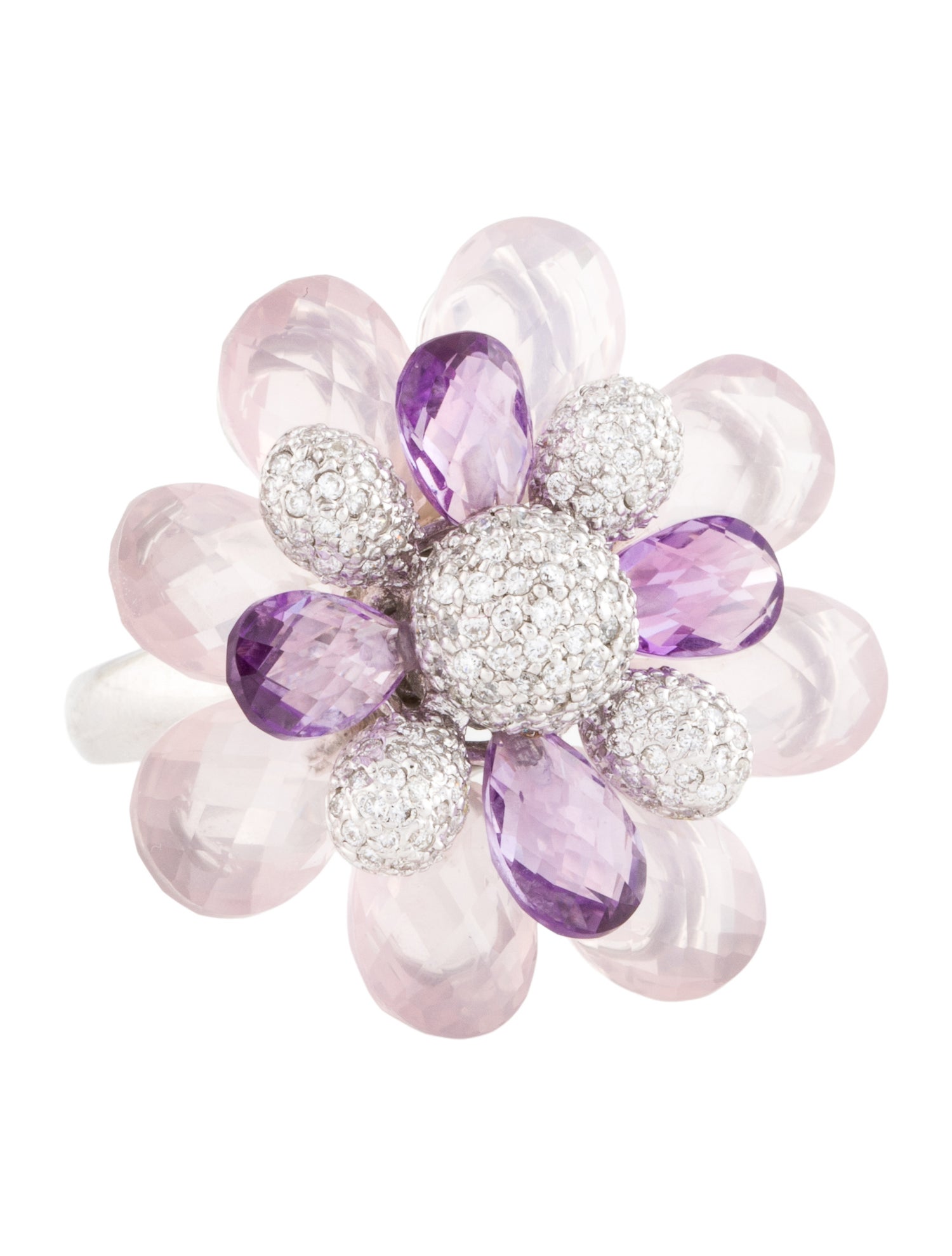 Ring 18K Rose Quartz ,Amethyst & Diamond Cocktail