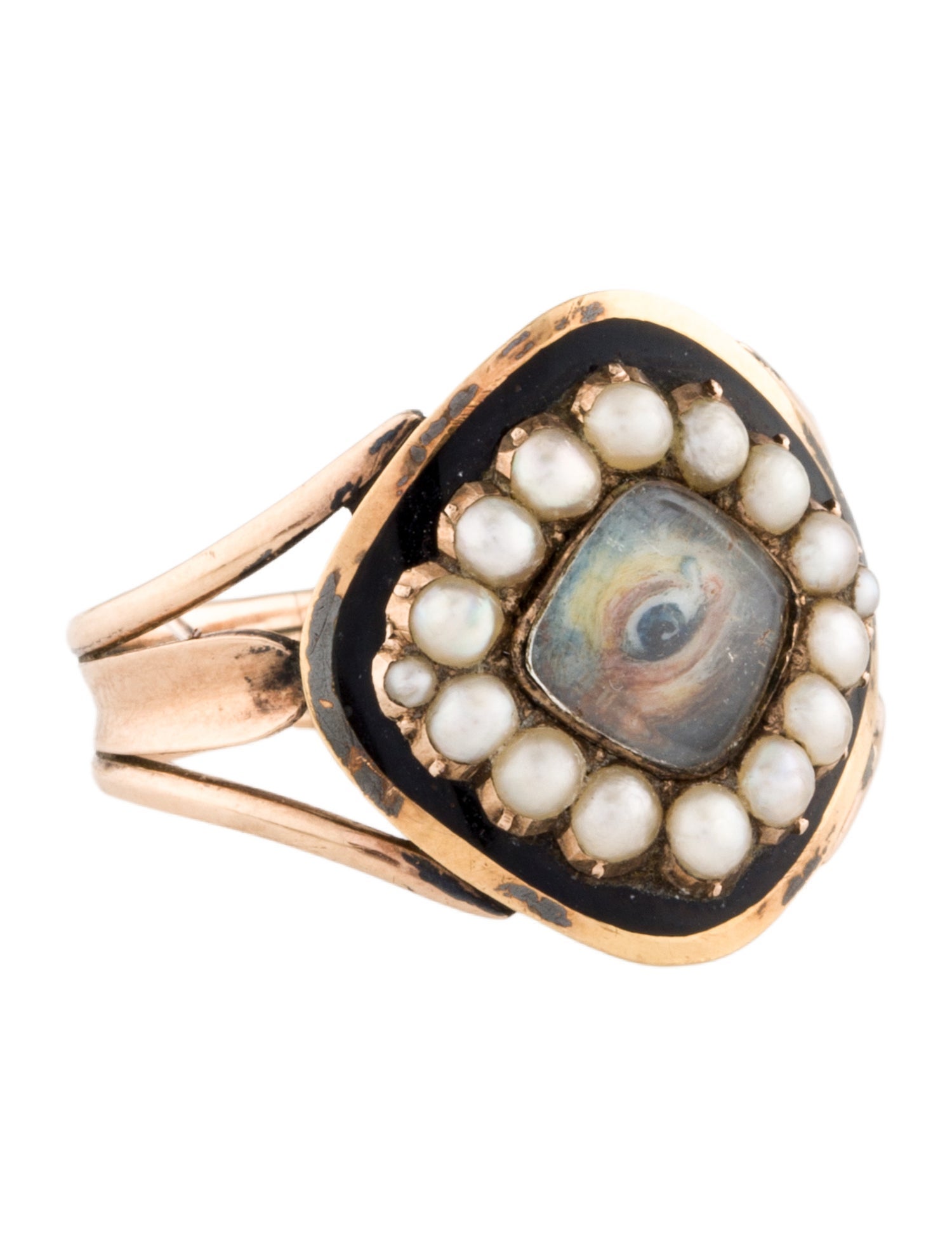 Ring Antique 10K Pearl & Enamel Lovers Eye Mourning