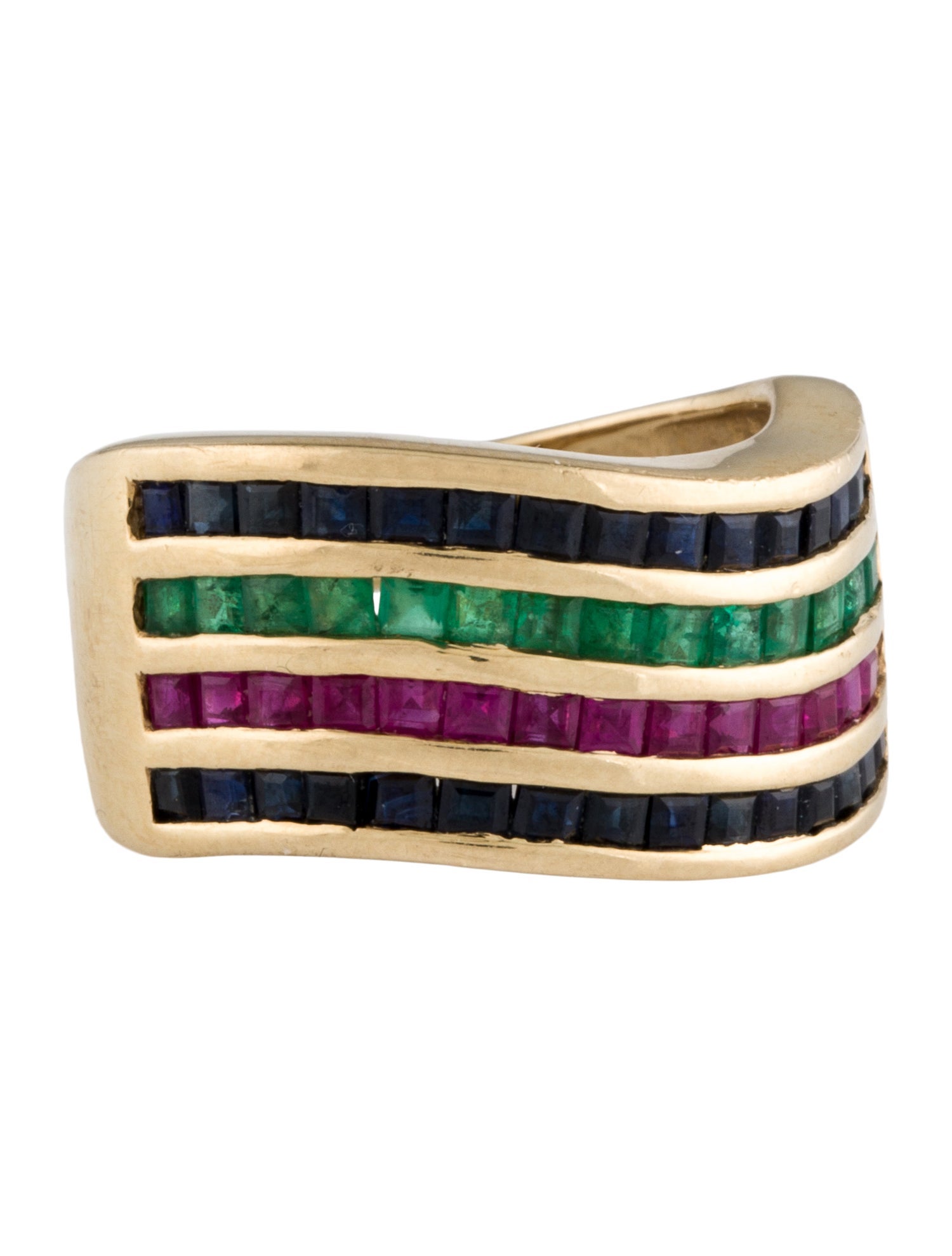 Ring 14K Ruby, Emerald & Sapphire Wavy Band