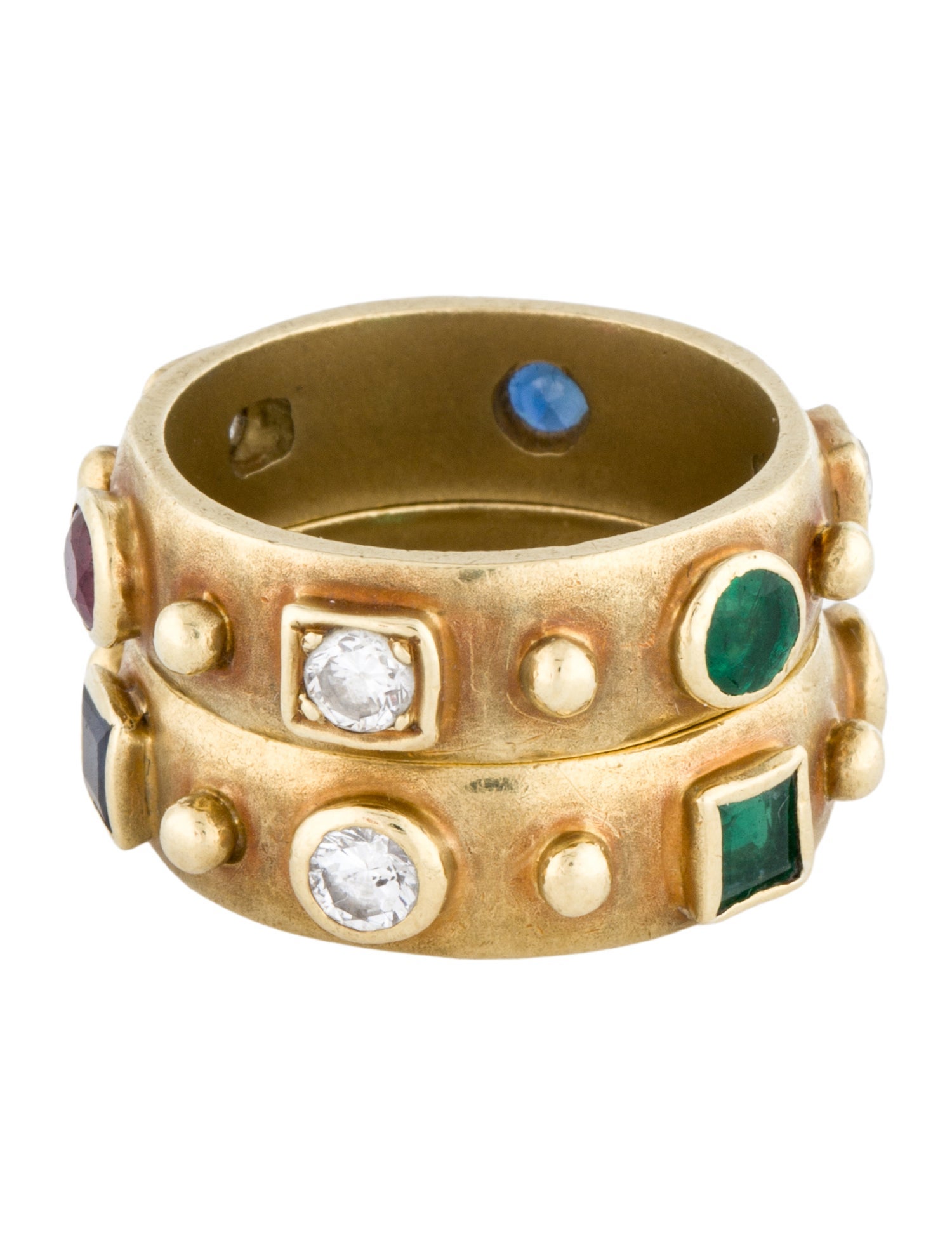 Ring 18K Diamond, Ruby, Emerald & Sapphire Band Set