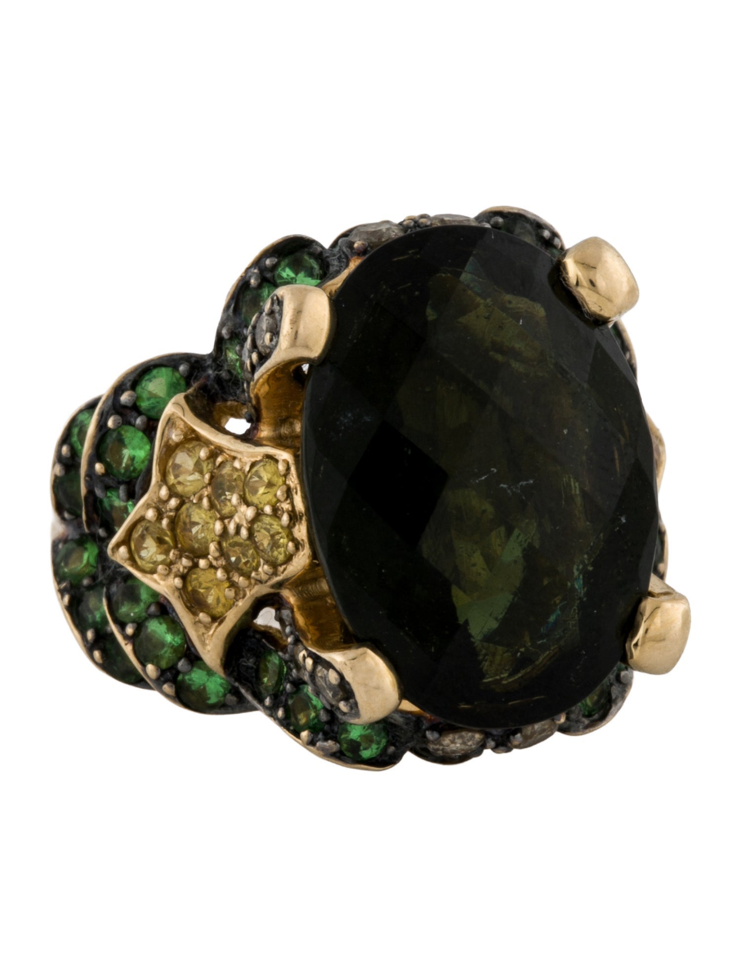Ring 14K Moldavite, Tsavorite Garnet, Sapphire, & Diamond Cocktail