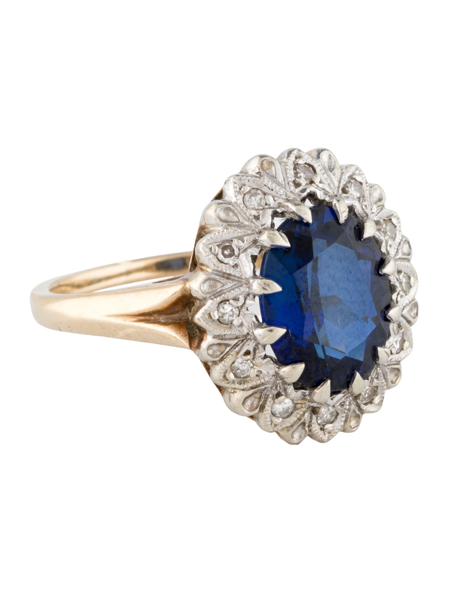 Ring 14K Synthetic Sapphire & Diamond Cocktail