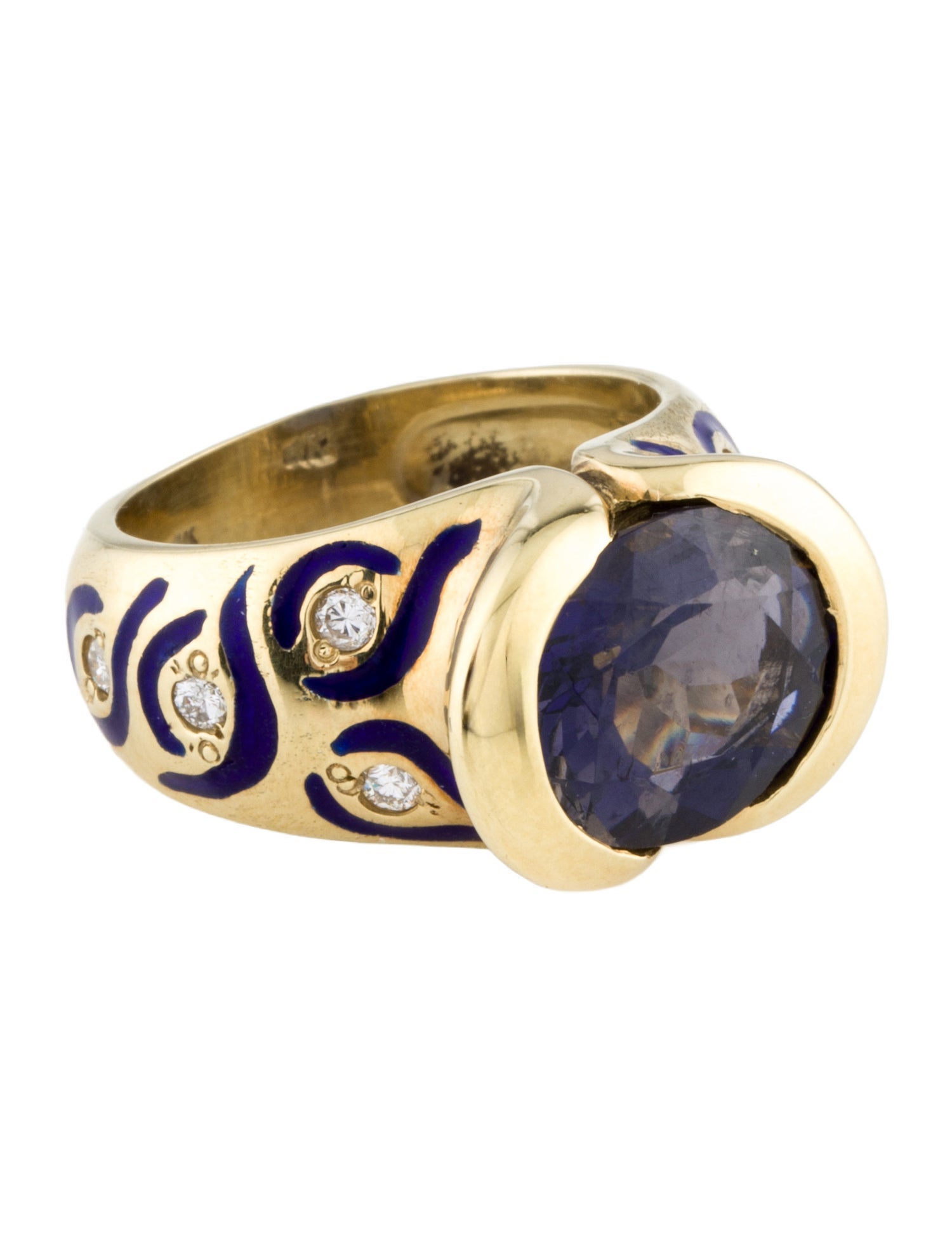 Ring 14K 3.76ct Iolite, Diamond & Enamel Cocktail