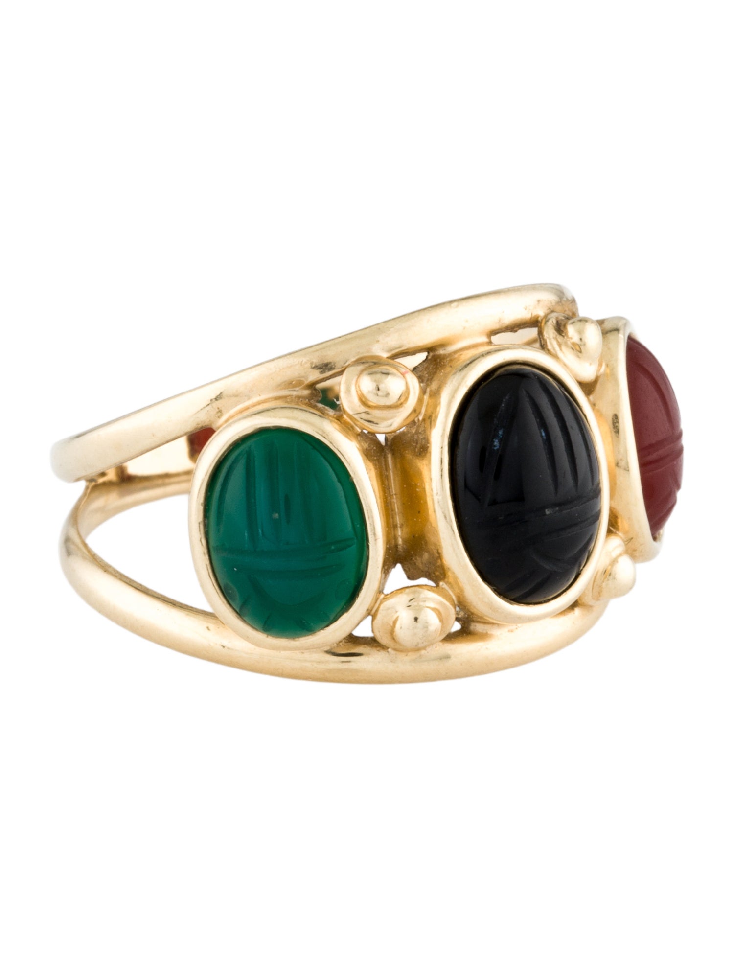Ring 14K Dyed Chalcedony, Onyx & Carnelian Scarab Cocktail