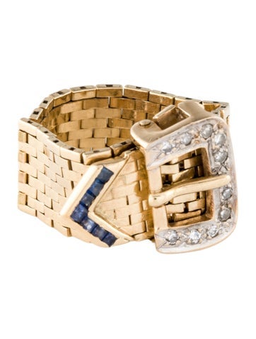 Pre-owned Ring 14k Diamond & Sapphire Buckle Band In Multicolor