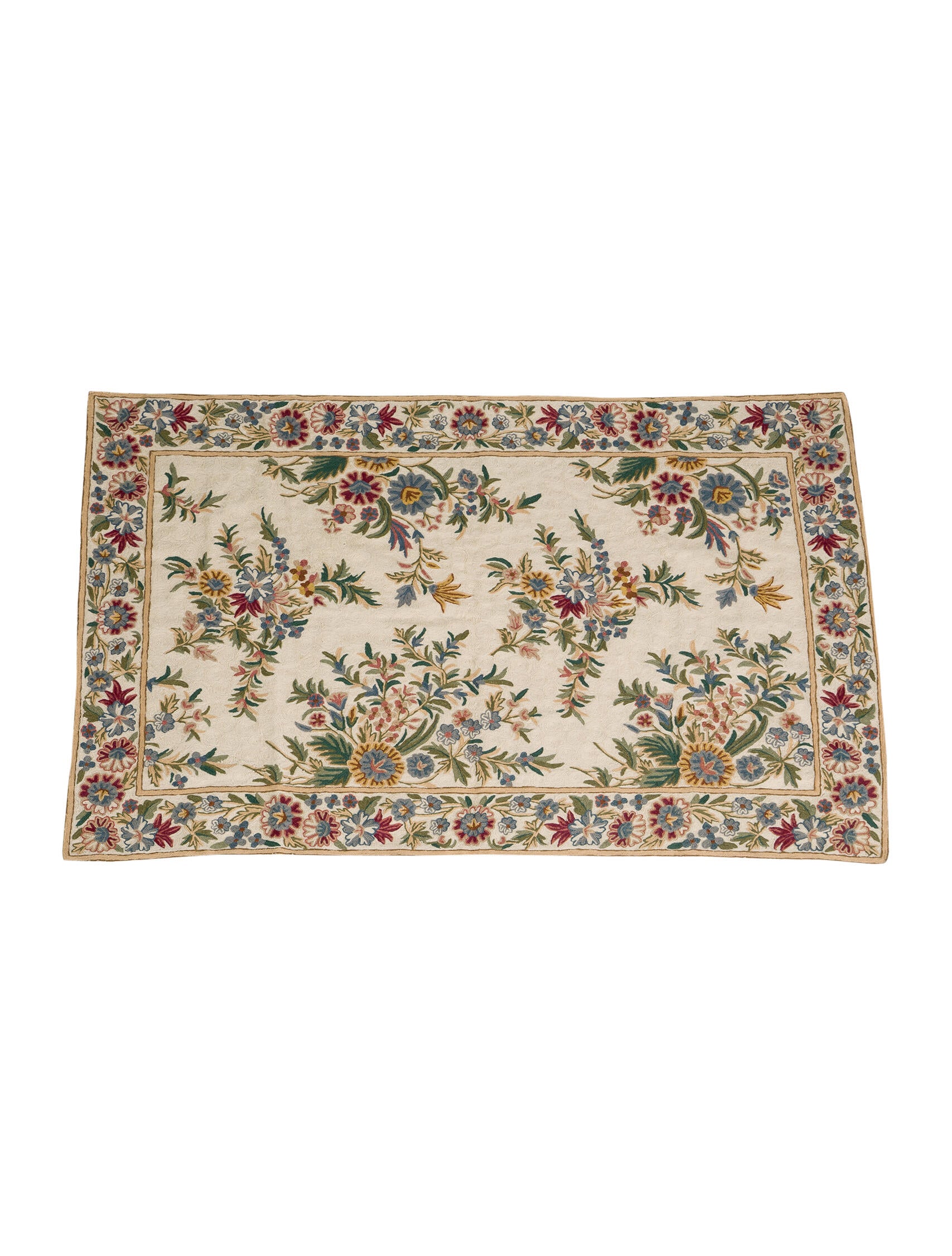 Rug Wool Kashmir Crewel Floral Rug 3'5" x 5'4" Blue Small & Entryway