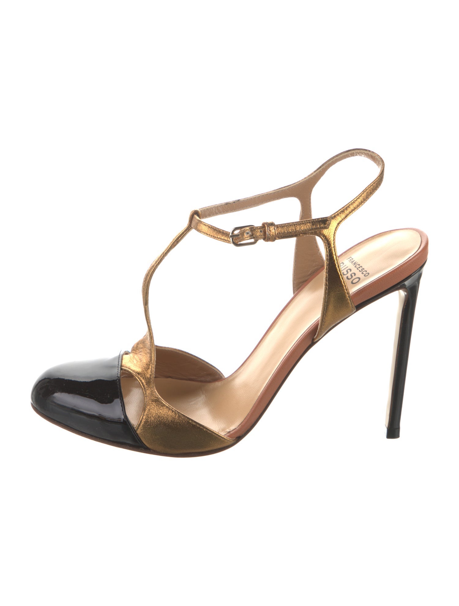 Francesco Russo Patent Leather Colorblock Pattern T-Strap Pumps