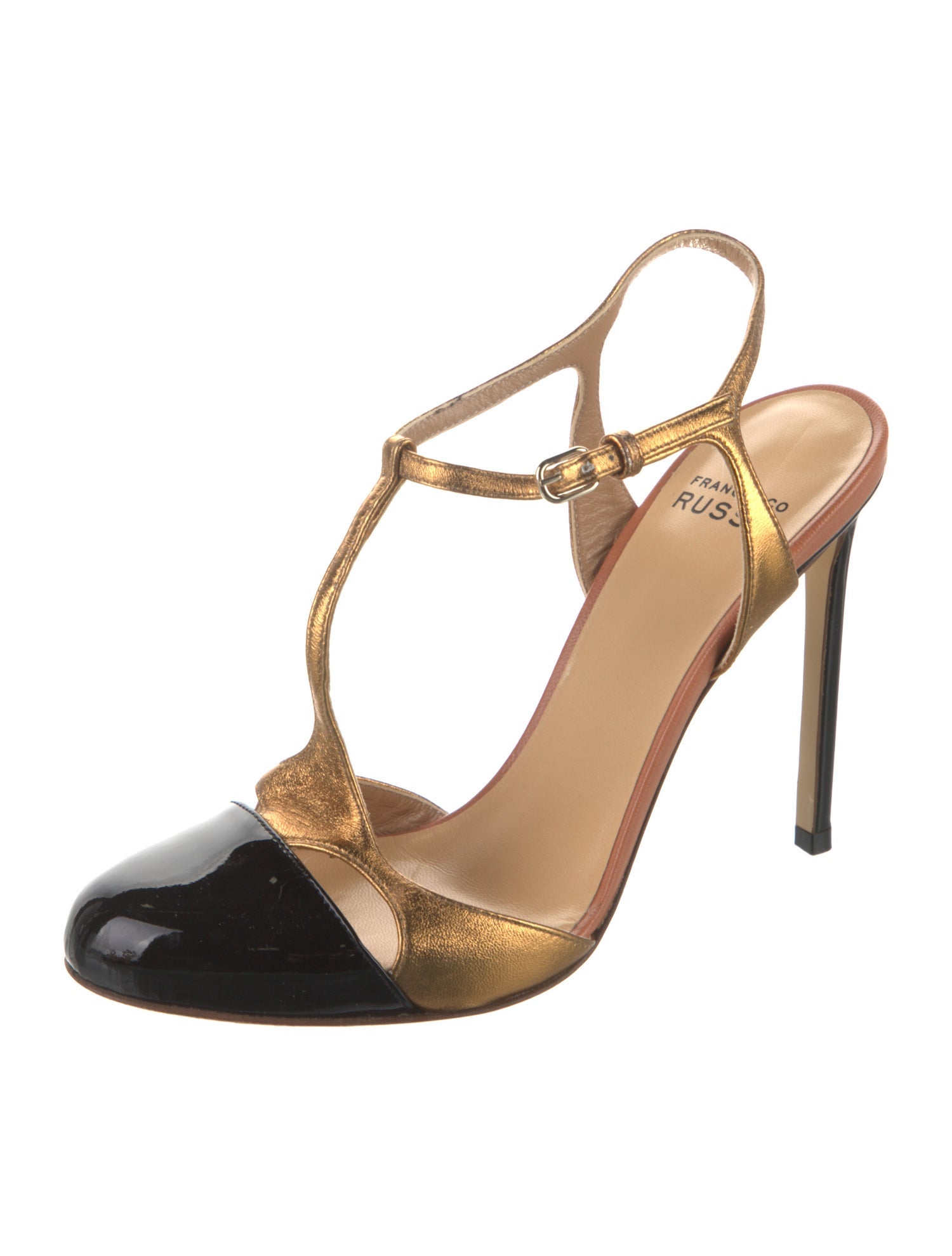 Francesco Russo Patent Leather Colorblock Pattern T-Strap Pumps
