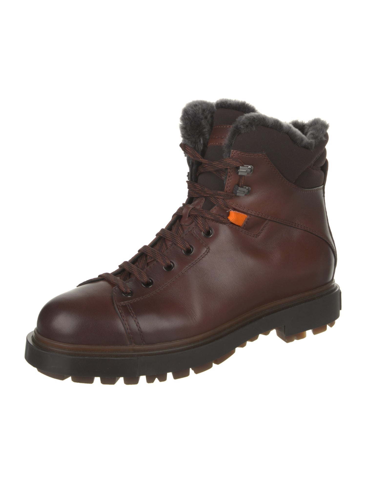 Santoni Leather Fur Trim Hiking Boots