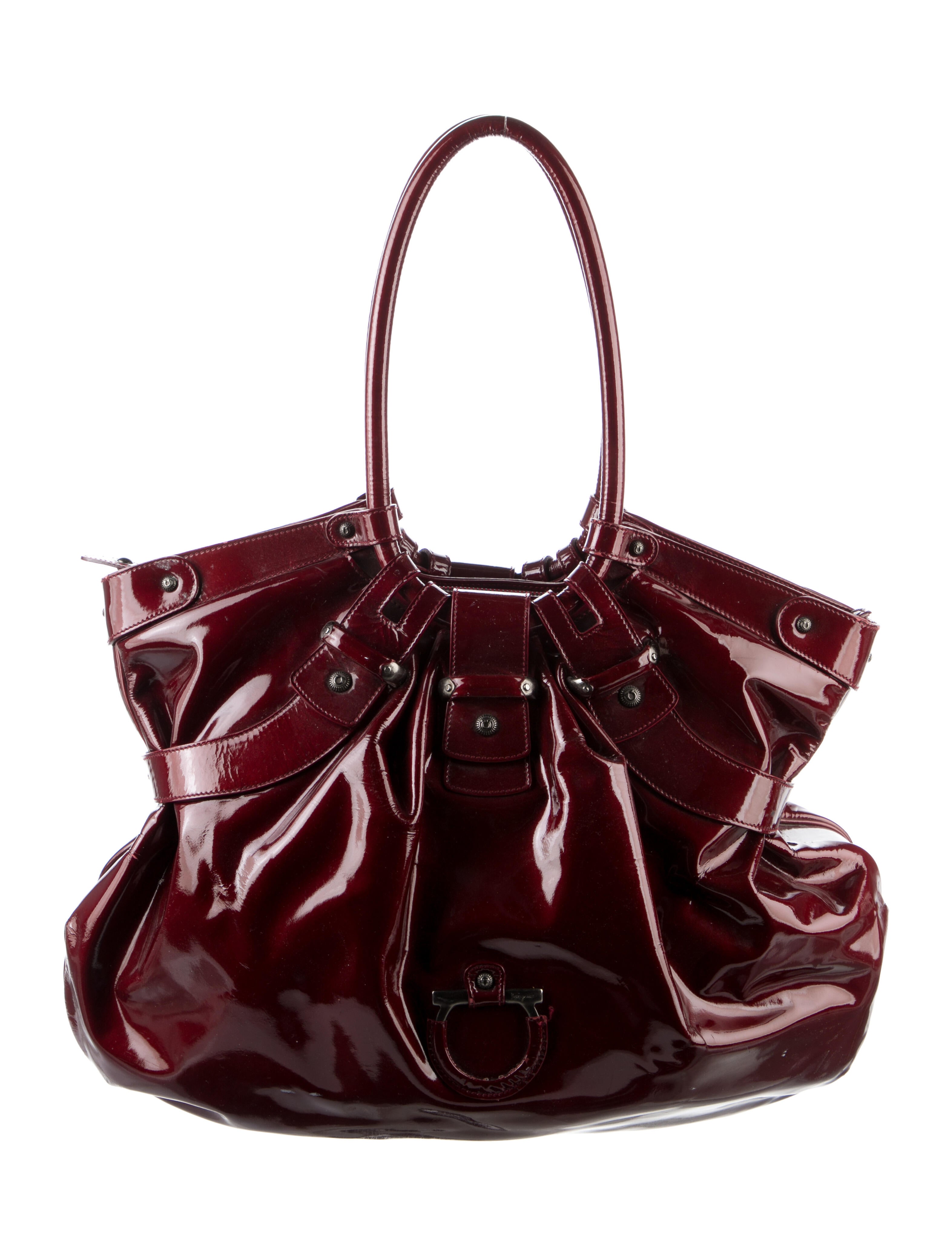 Salvatore Ferragamo Patent Leather Pleated Hobo Bag Red Hobos