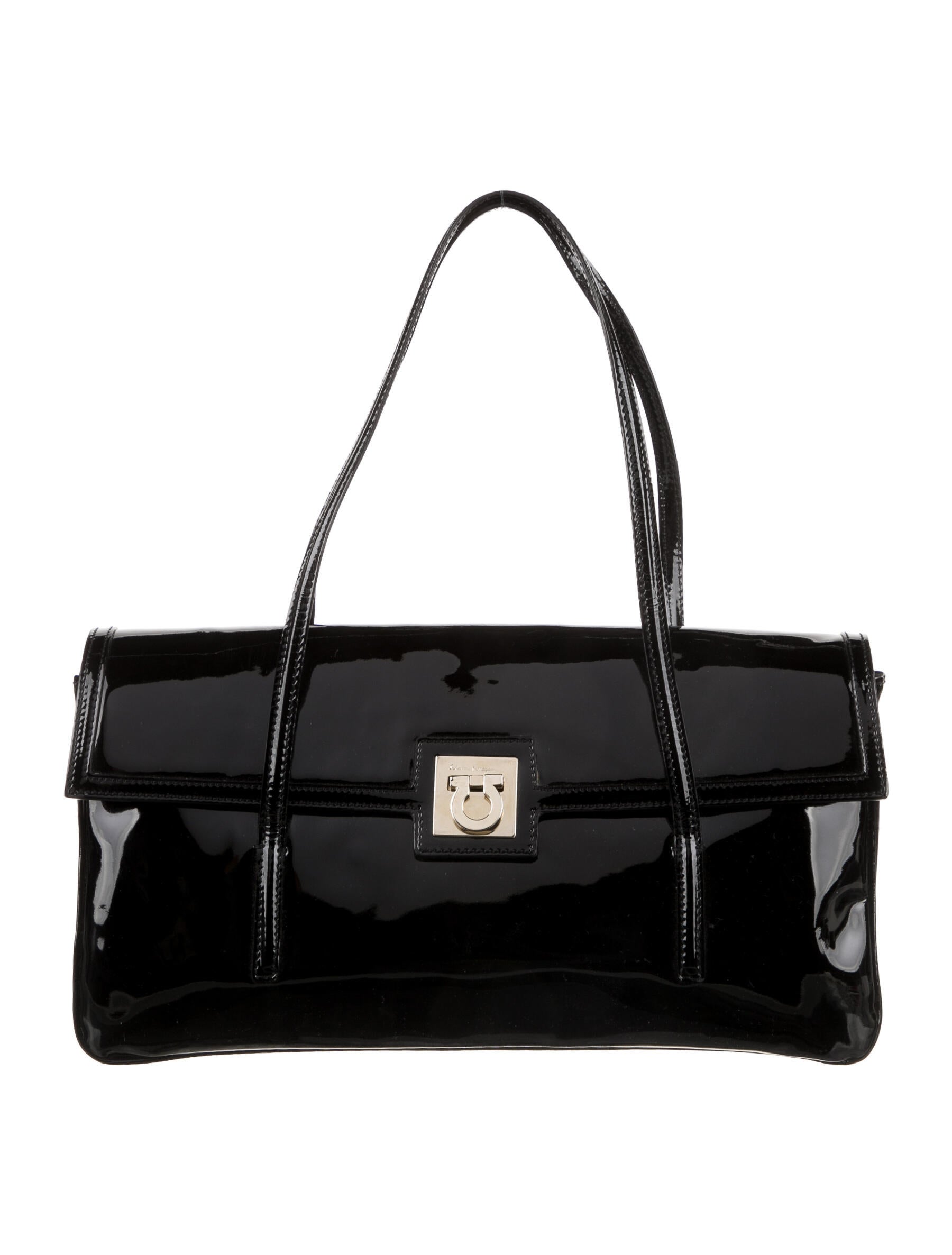 Salvatore Ferragamo Front Flap Patent Leather Shoulder Bag Black