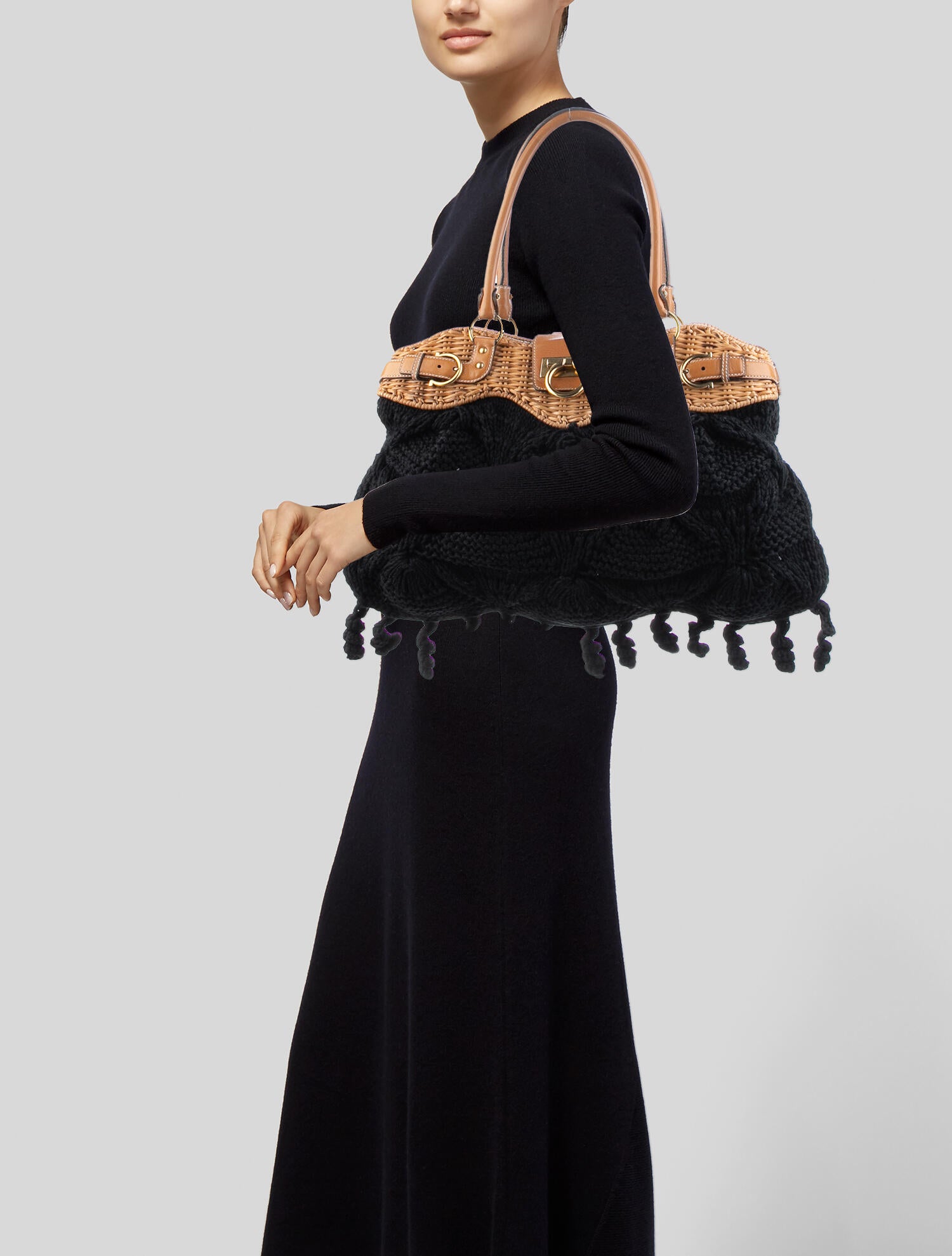 Salvatore Ferragamo Knit & Leather Shoulder Bag Black Shoulder Bags