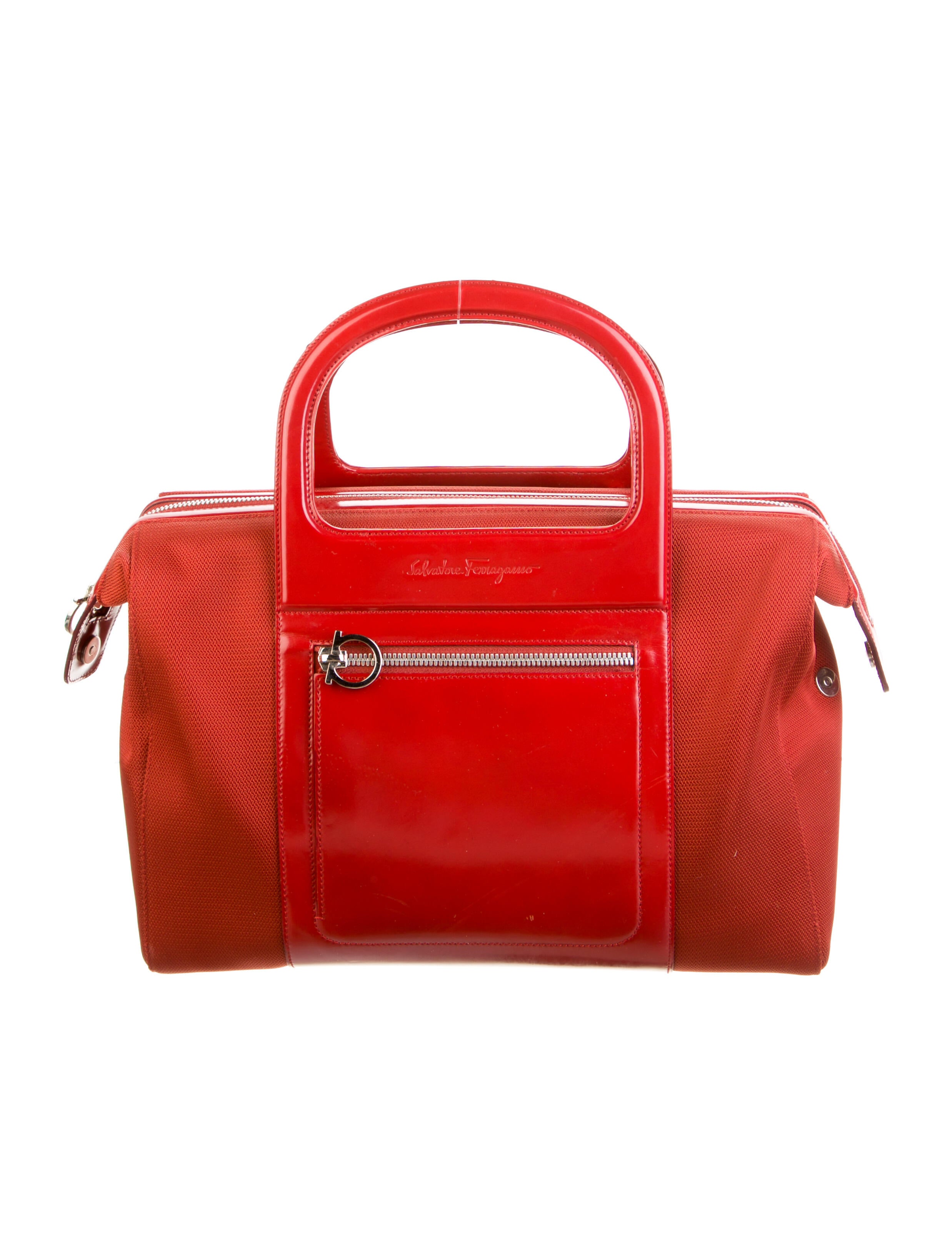 Salvatore Ferragamo Leather Trimmed Boston Bag Red Handle Bags, Handbags SAL299174 The