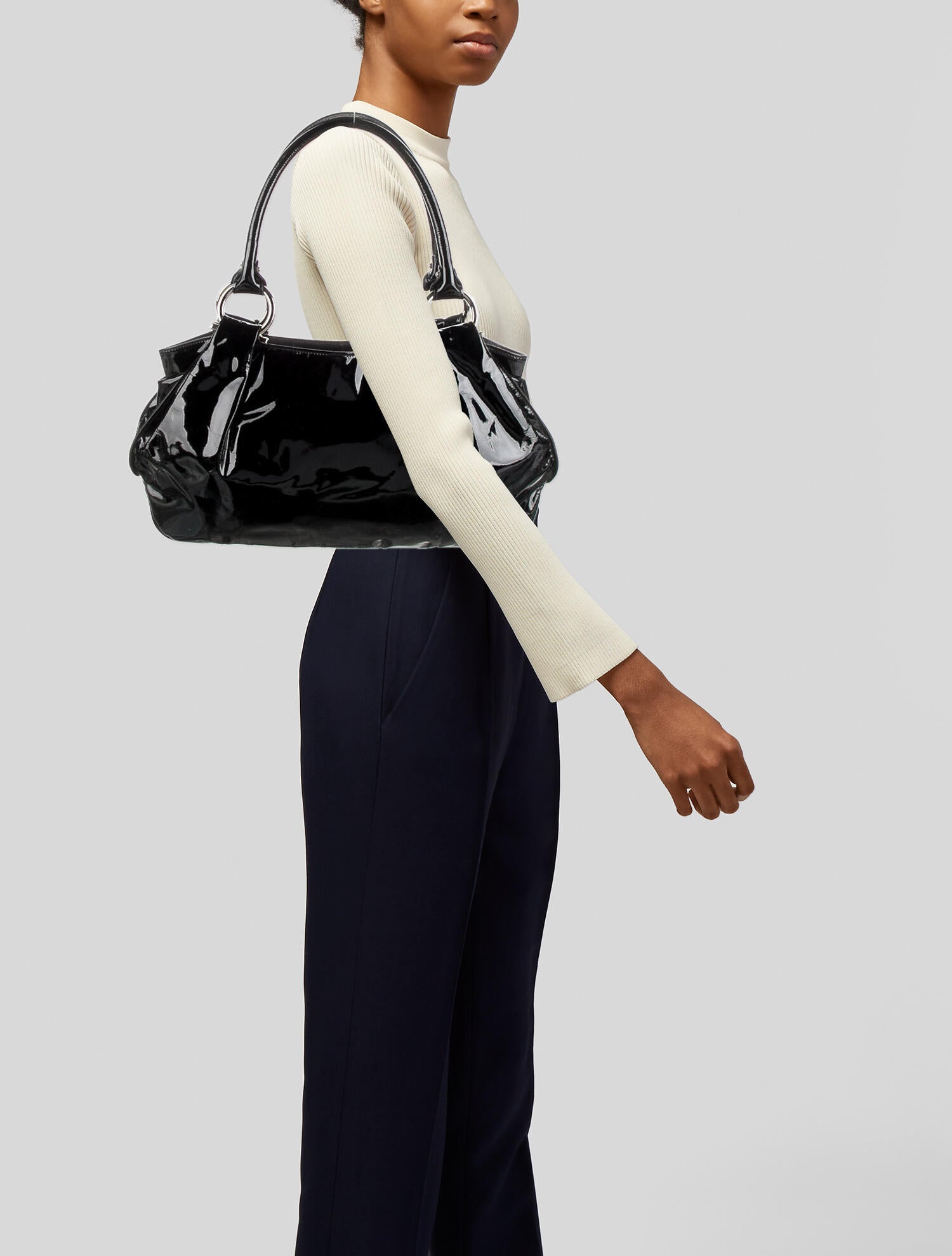 Salvatore Ferragamo Patent Leather Shoulder Bag Black Shoulder Bags