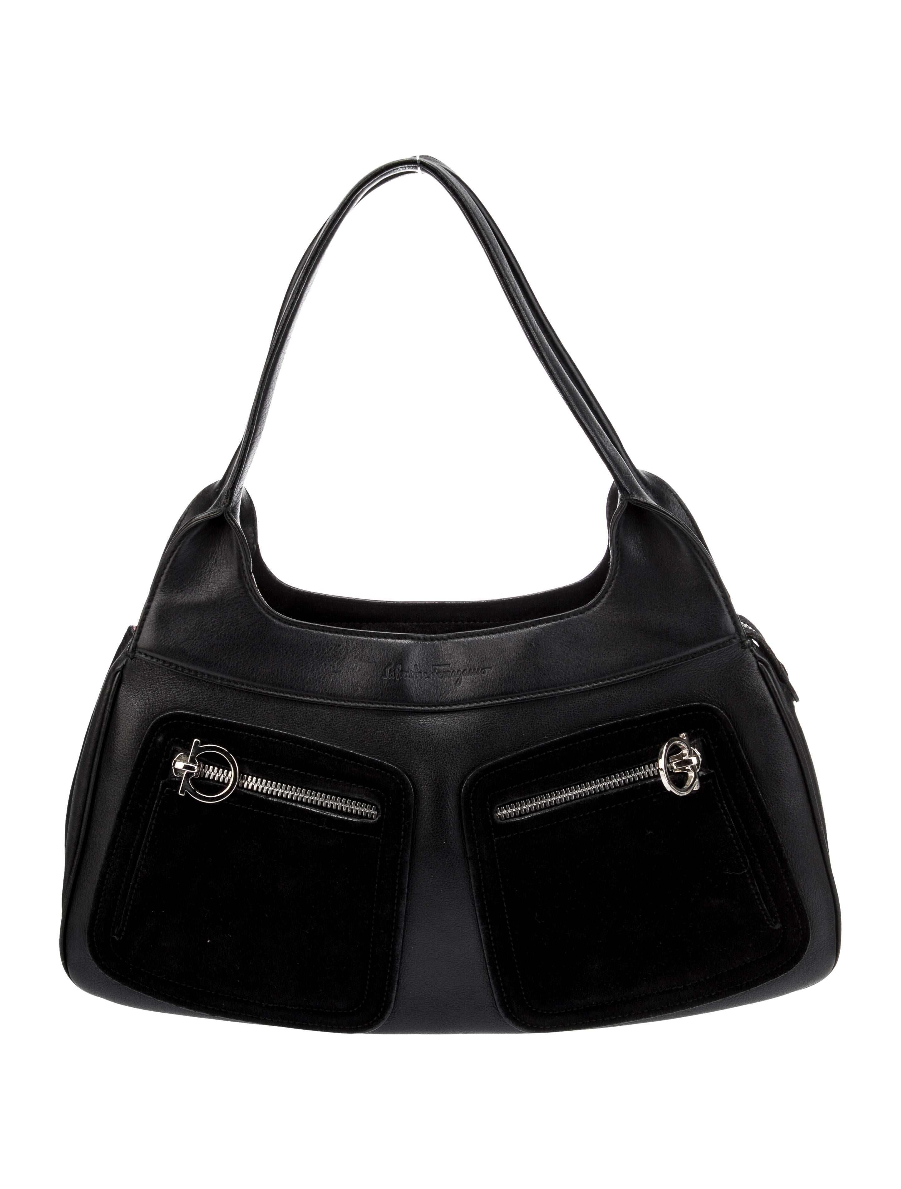 Salvatore Ferragamo SuedeTrimmed Leather Shoulder Bag Black Shoulder Bags, Handbags