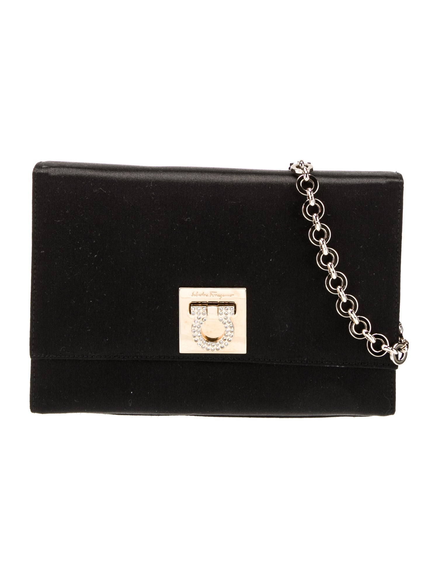 Salvatore Ferragamo Satin Chain Link Shoulder Bag Black Shoulder Bags