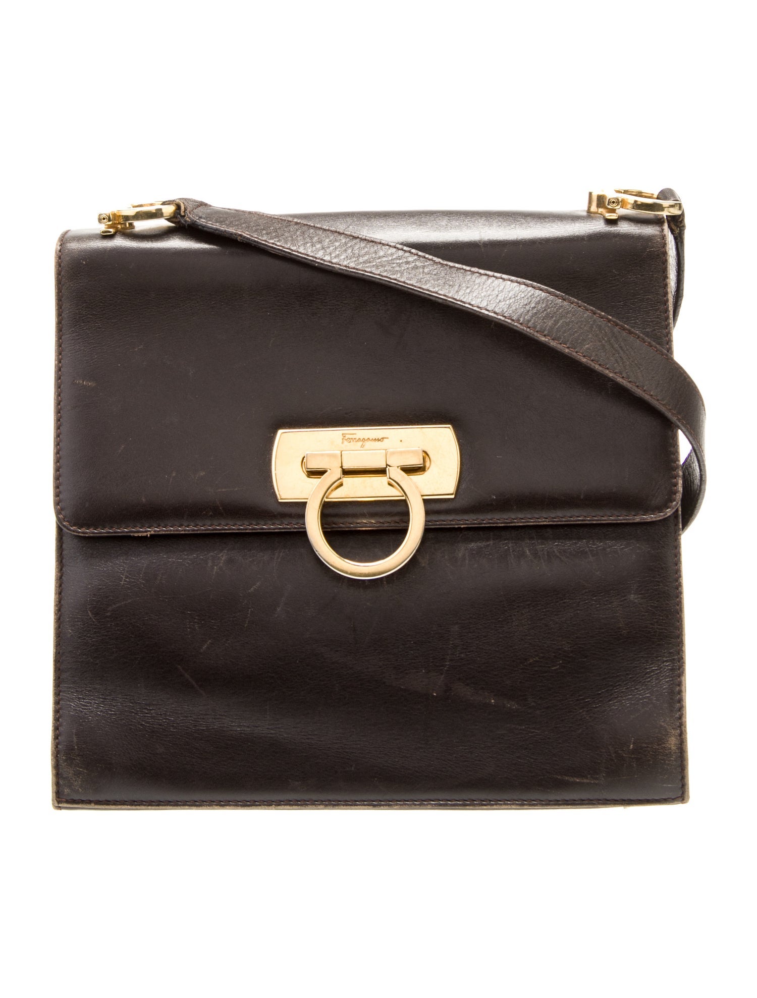 Salvatore Ferragamo Flap Top Leather Crossbody Bag Brown Crossbody