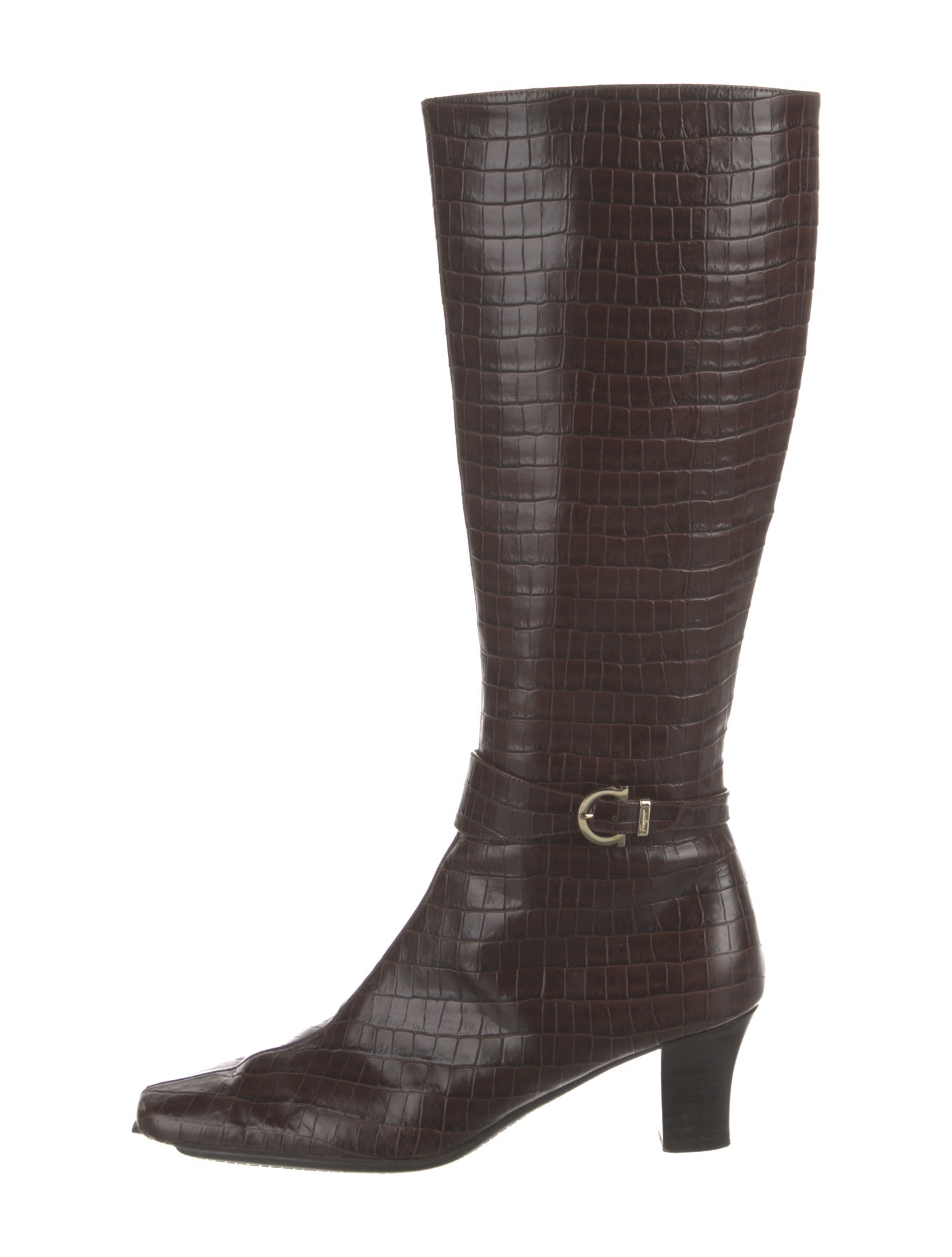 Salvatore Ferragamo Leather Animal Print Riding Boots Brown Boots