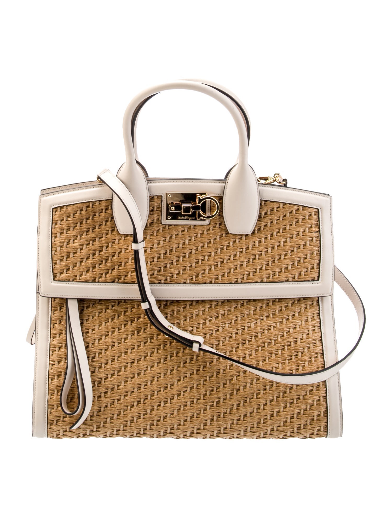 トートバッグ Salvatore Ferragamo Raffia And Leather Big Shopping Bag FERRAGAMO Large F. Signature Raffia & Leather Tote Bag