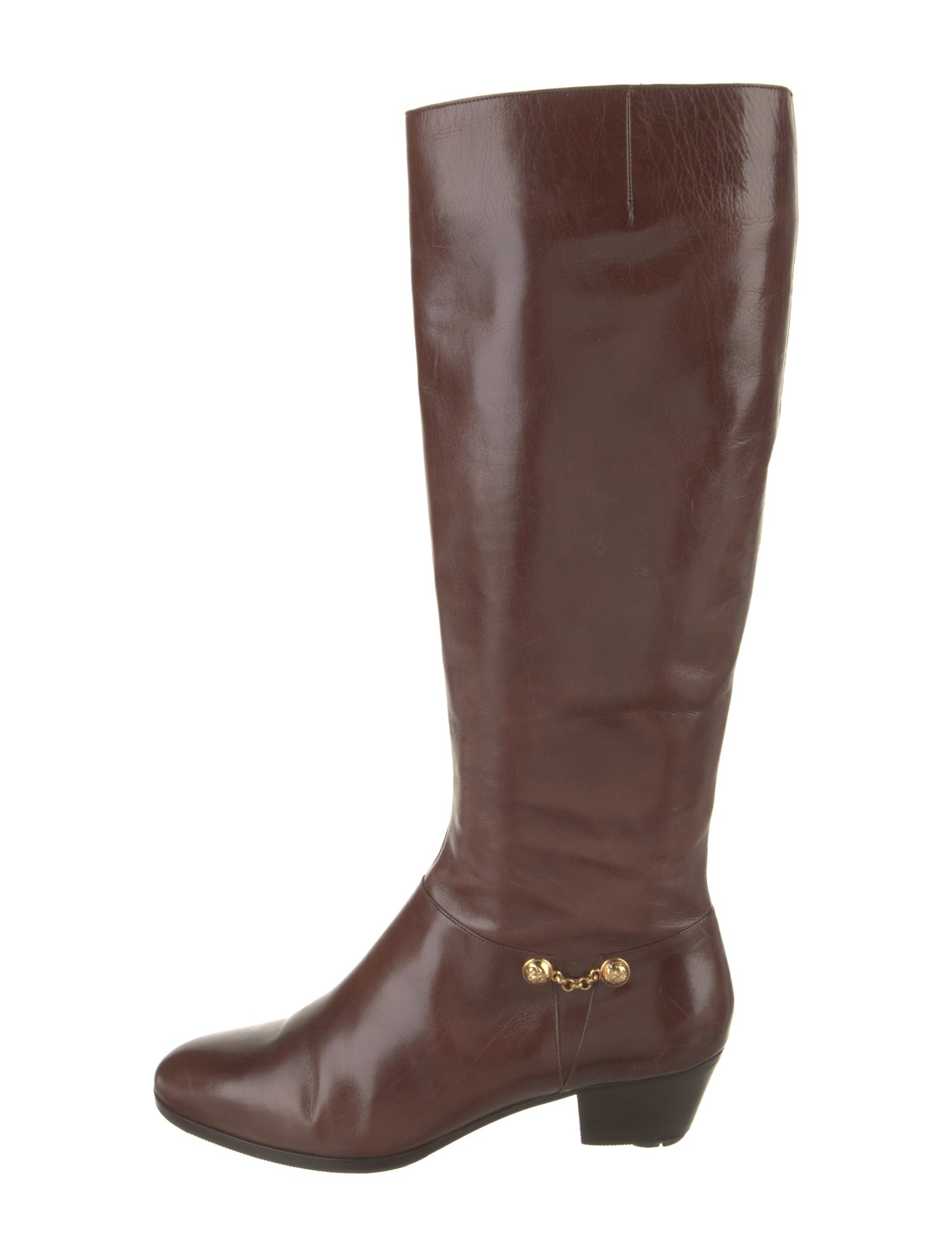 Salvatore Ferragamo Patent Leather Chain-Link Accents Riding Boots